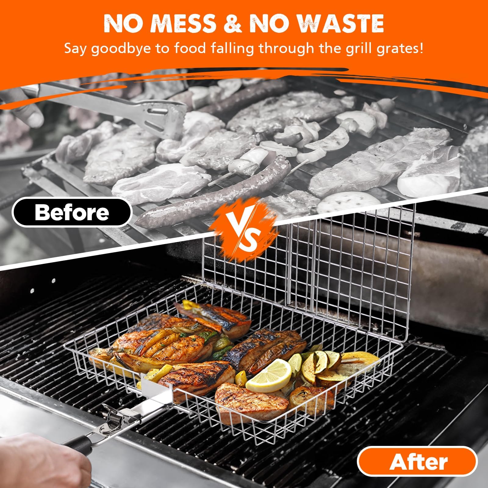 Grillkörbe für Outdoor-Grill, 2 Stück Edelstahl-Grillkörbe | Nesting Fish Grillkorb mit Zwei Gittergrößen, Grillkorb mit Holzgriff für Garnelen, Gemüse, Burger und Steaks