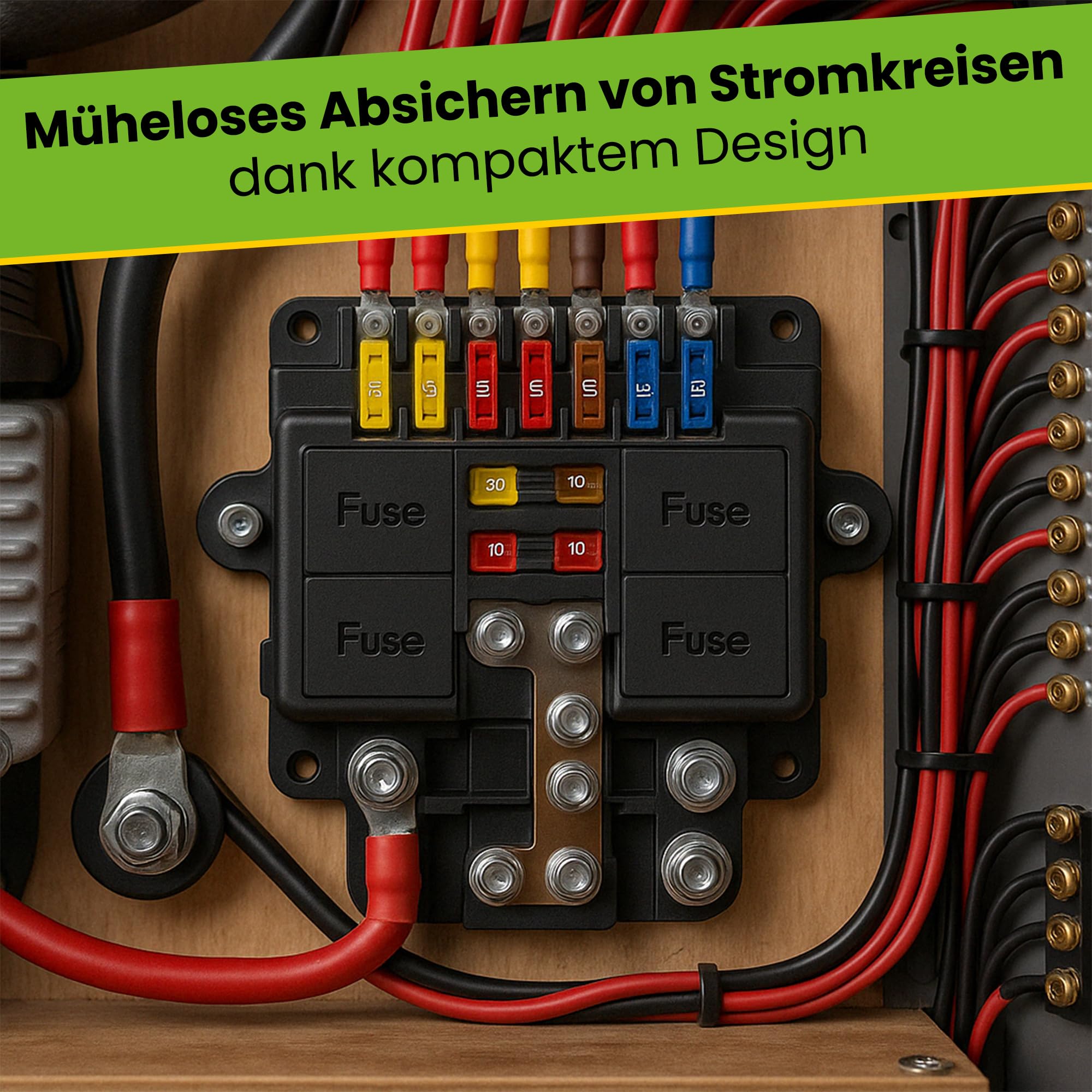 Offgridtec Sicherungshalter für 2X MEGA + 4X MIDI Sicherungen, Inklusive Busbar, Polyamid-Gehäuse MIT Abdeckung, Robuste Stromverteilungssicherung für hohe UND mittlere Stromkreise