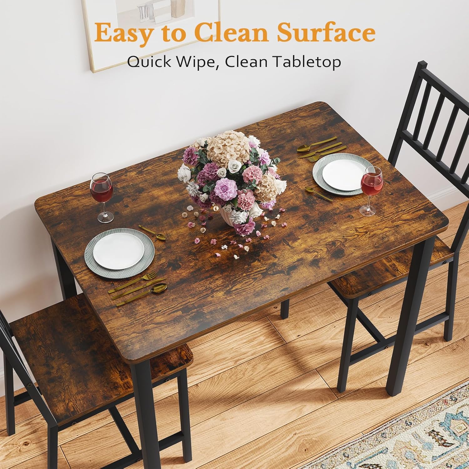 Rovibek 3 Piece Dining Table Set for 2 with Steel Frame & Adjustable Feet, Small Kitchen Table with 2 Chairs, Modern Breakfast Nook Dinette for Small Space, Industrial Farmhouse Brown