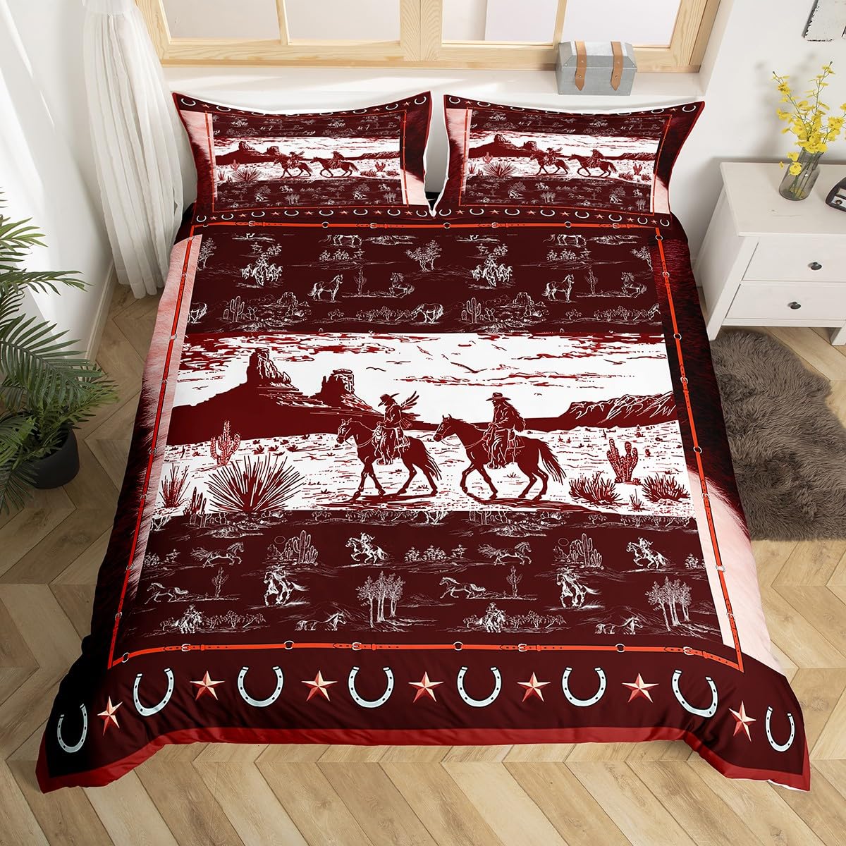 Loussiesd Red Brown Western Decor Duvet Cover Super King Size Wild West Cowboy Bedding Set Horse Desert Rodeo Cowboy Style Comforter Cover Set Decor Horseshoes West Texas Star Bedspread Cover - Image 3