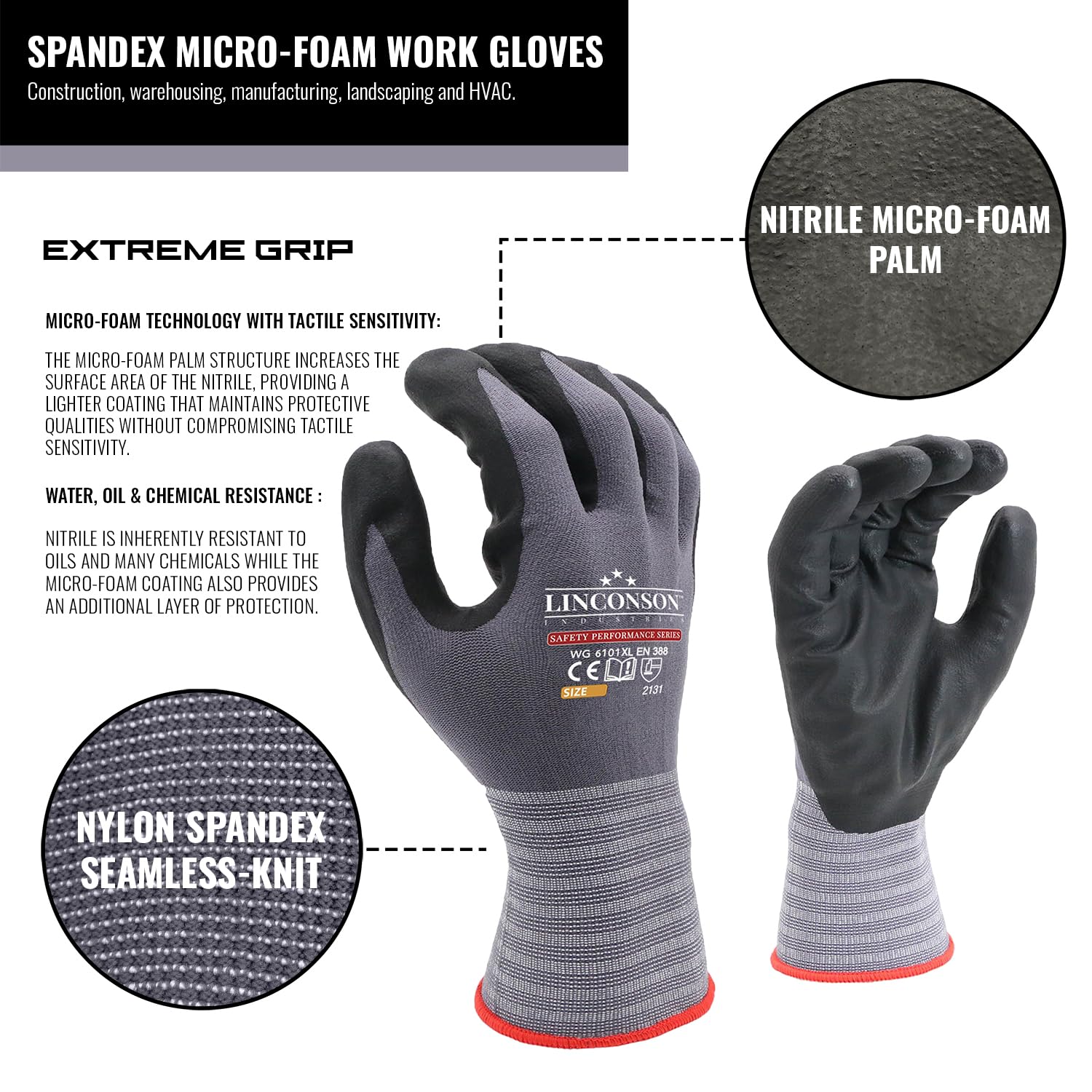 linconson 6 Pack Flexible Spandex Knit With Nitrile Micro-Foam Palm Construction & Mechanics Safety Work Gloves