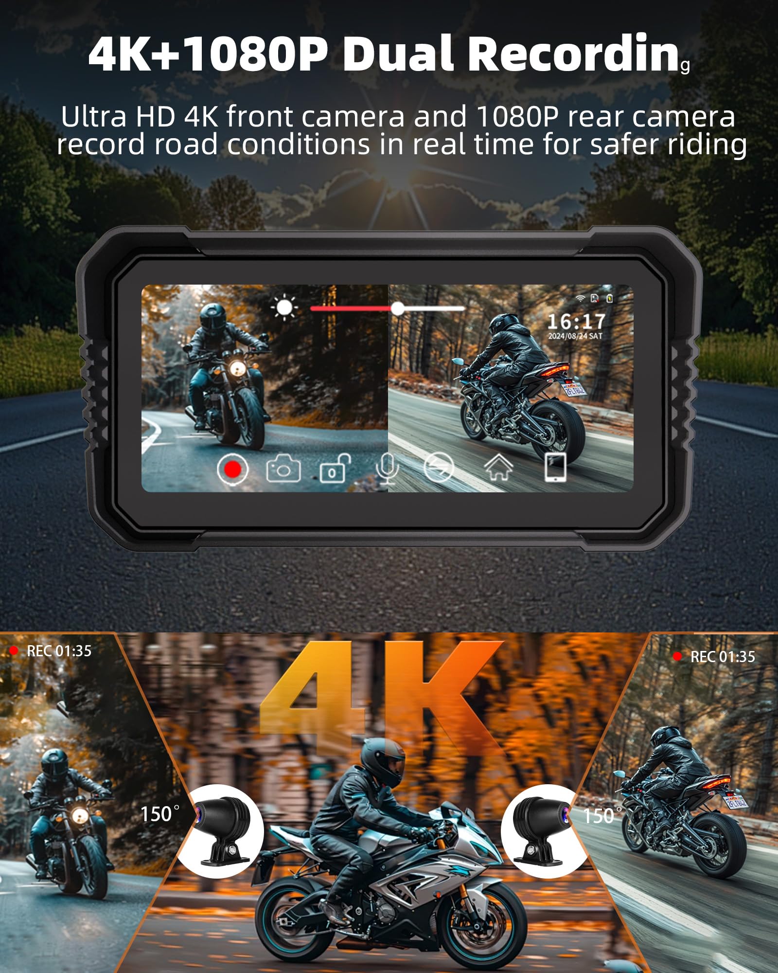 Motorcycle Carplay Android Auto 4K Dashcam 6.25" Double Camera Bluetooth IP67 GPS Navigation 64GB