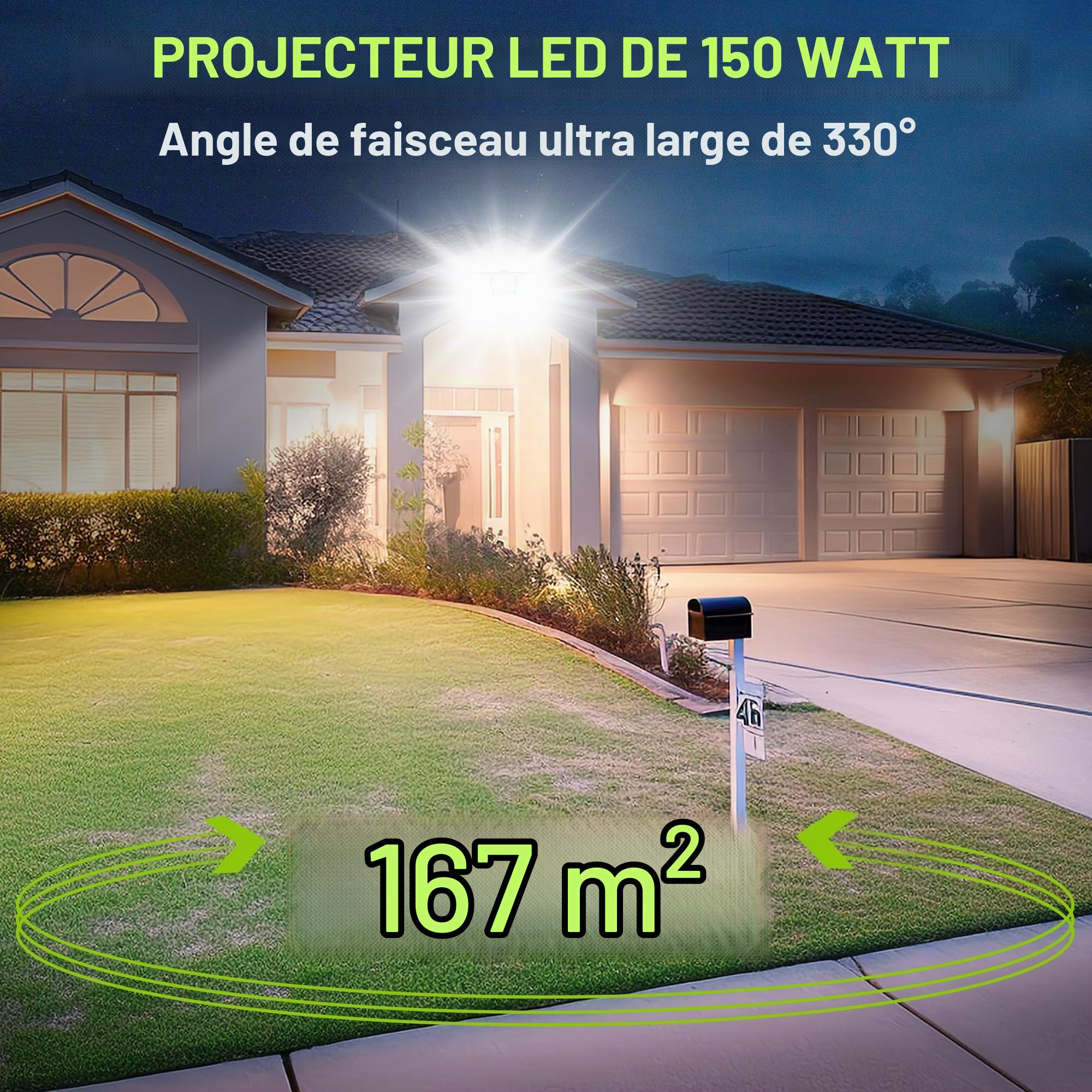 STASUN Projecteur LED 150W, IP66 Imperméable, 15000LM, Éclairage Extérieur LED, Équivalent à Ampoule Halogène 900W, 5000K Lumière Blanche du Jour, Projecteur réglable pour granges, cour et garage