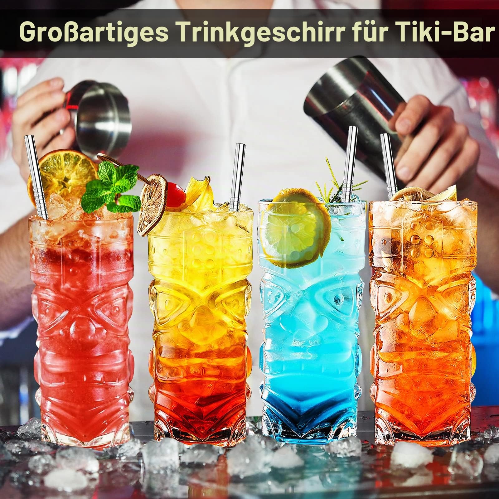Set von transparenten Tiki-Cocktailgläsern von 8 bis 14 Unzen, moderne Tiki-Cocktailgläser perfekt für exotische Cocktails, Mai Tai, Cocktails im hawaiianischen Stil, Getränkeset für tropische