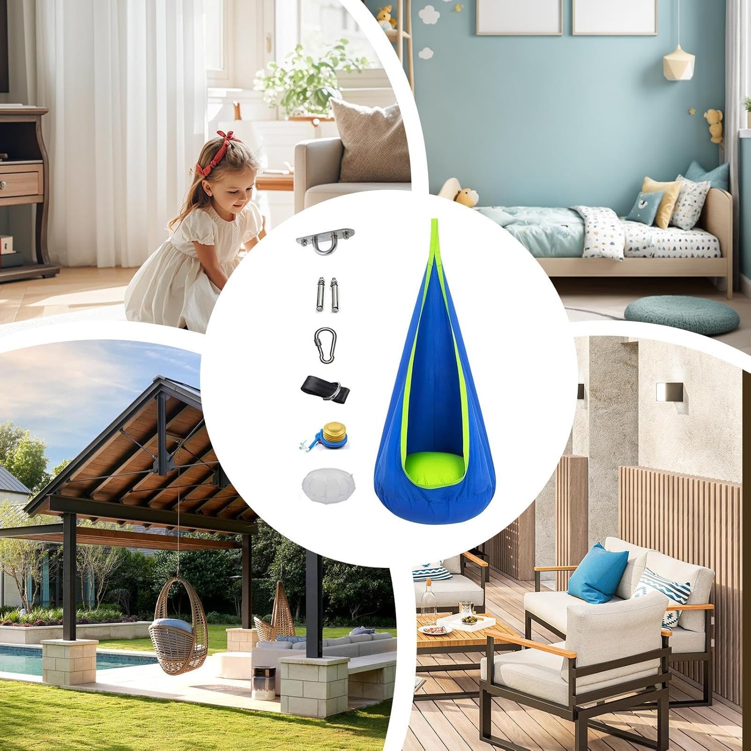 Kids Pod Swing Chair,Child Hammock | Indoor Courtyard Rest Tool with Inflatable Cushion Play Tent House, for Indoor and Outdoor Use