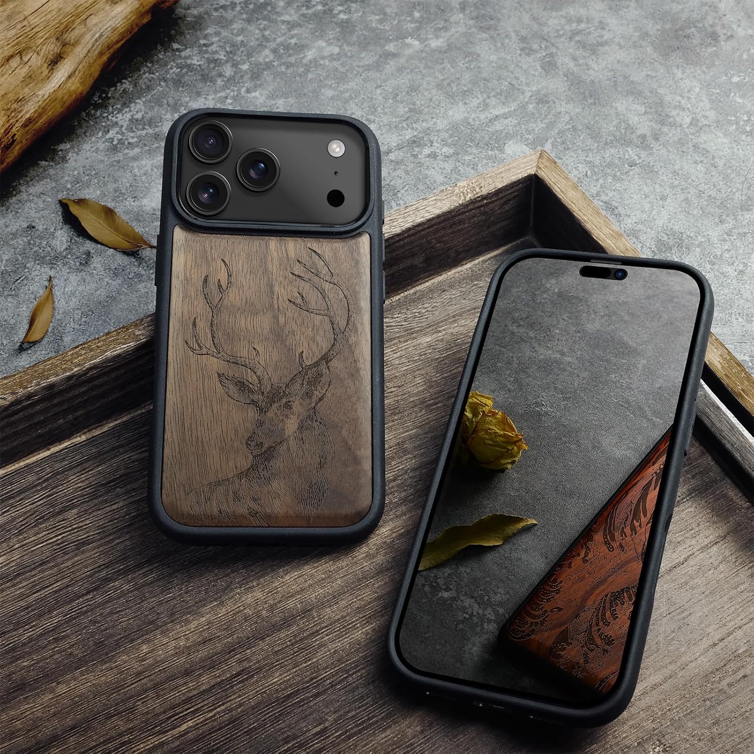 Carveit Magnetic Wooden Case for iPhone 17 Pro Case, Wood Artisan Engraved & Black Soft TPU Shockproof Cover, Compatible with MagSafe Wireless Chargers (Deer Head) Walnut