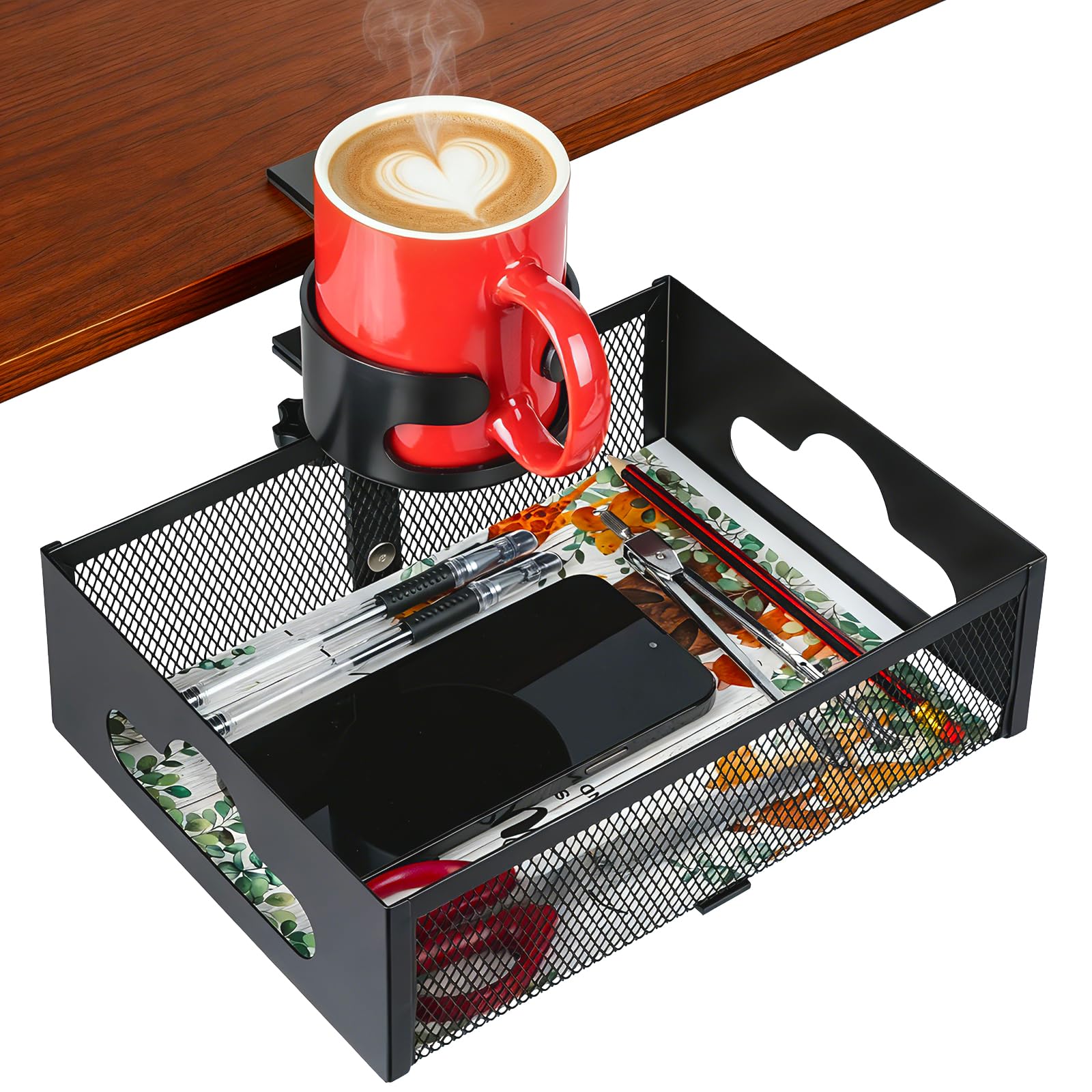 Desk Cup Holder Clamp, Clip On Table Cup Holder with Rotation Drawer