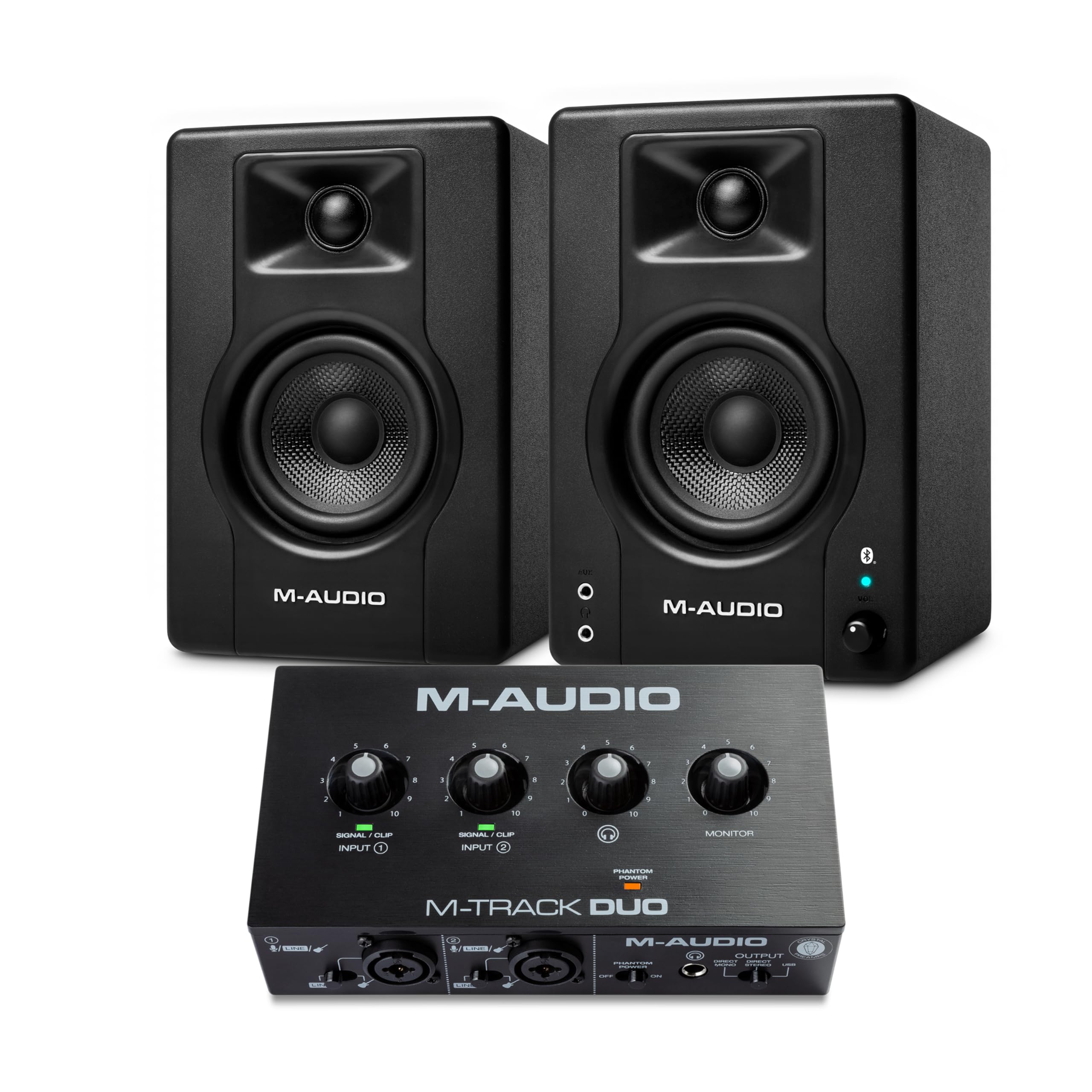 M-Audio BX4 BT – Monitores de Estudio, Altavoces Bluetooth de 4,5" 120W, Altavoces para PC & M-Track Duo - Interfaz Audio, Tarjeta de Sonido USB para grabación