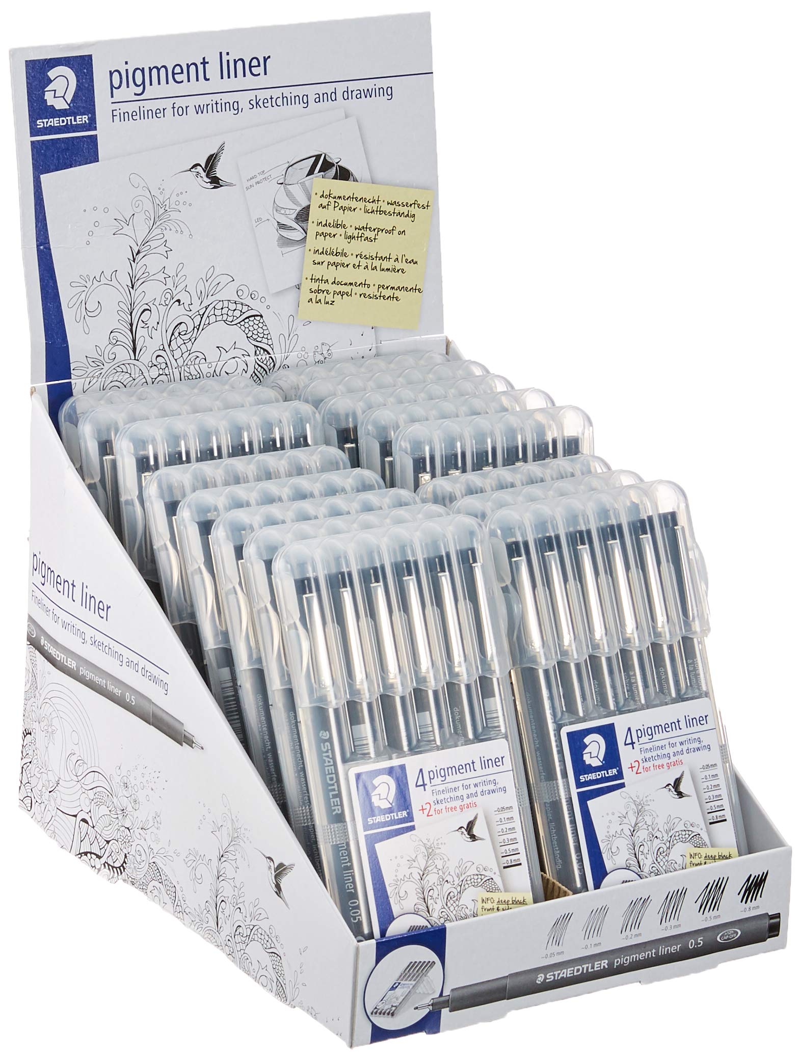 Staedtler 308 SB6P VE Pigment liner 308 – 16 x 6 (4 + 2 gratis) czarny pigmentowany, nietłukący długopis do szkicowania 0,05/0,1/0,2/0,3/0,5/0,8 mm