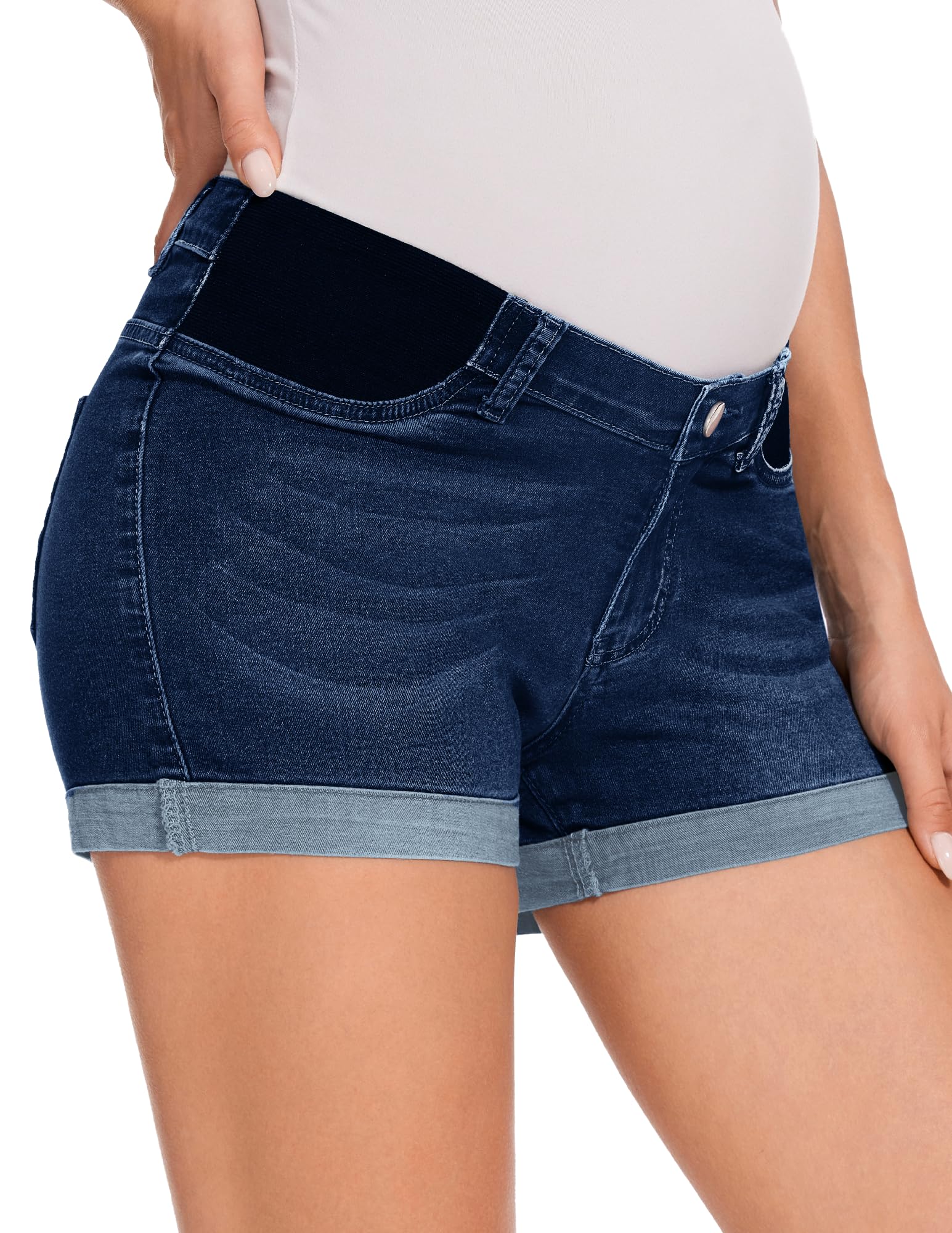 fitglam Women's Maternity Jean Shorts Under Belly Maternity Lounge Denim Shorts Pregnancy Comfy Clothes with Elastic Panel