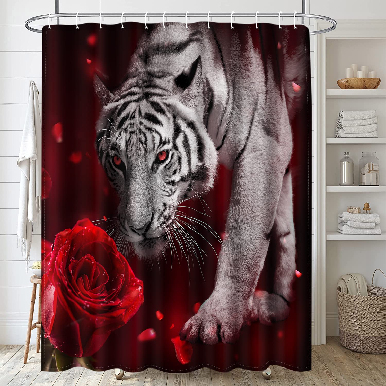 Yingbei Set da Bagno con Rosa Rossa da 4 Pezzi con Tenda da Doccia, Tende da Doccia in Tessuto Unico, Arredamento per Il Bagno con tappeti, Coperchio del WC