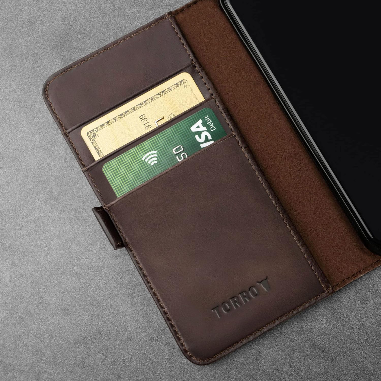 TORRO Phone Case Compatible with iPhone SE/8/7 – Premium, Genuine Leather Cover with Card Slots and Horizontal Viewing Stand (Dark Brown)
