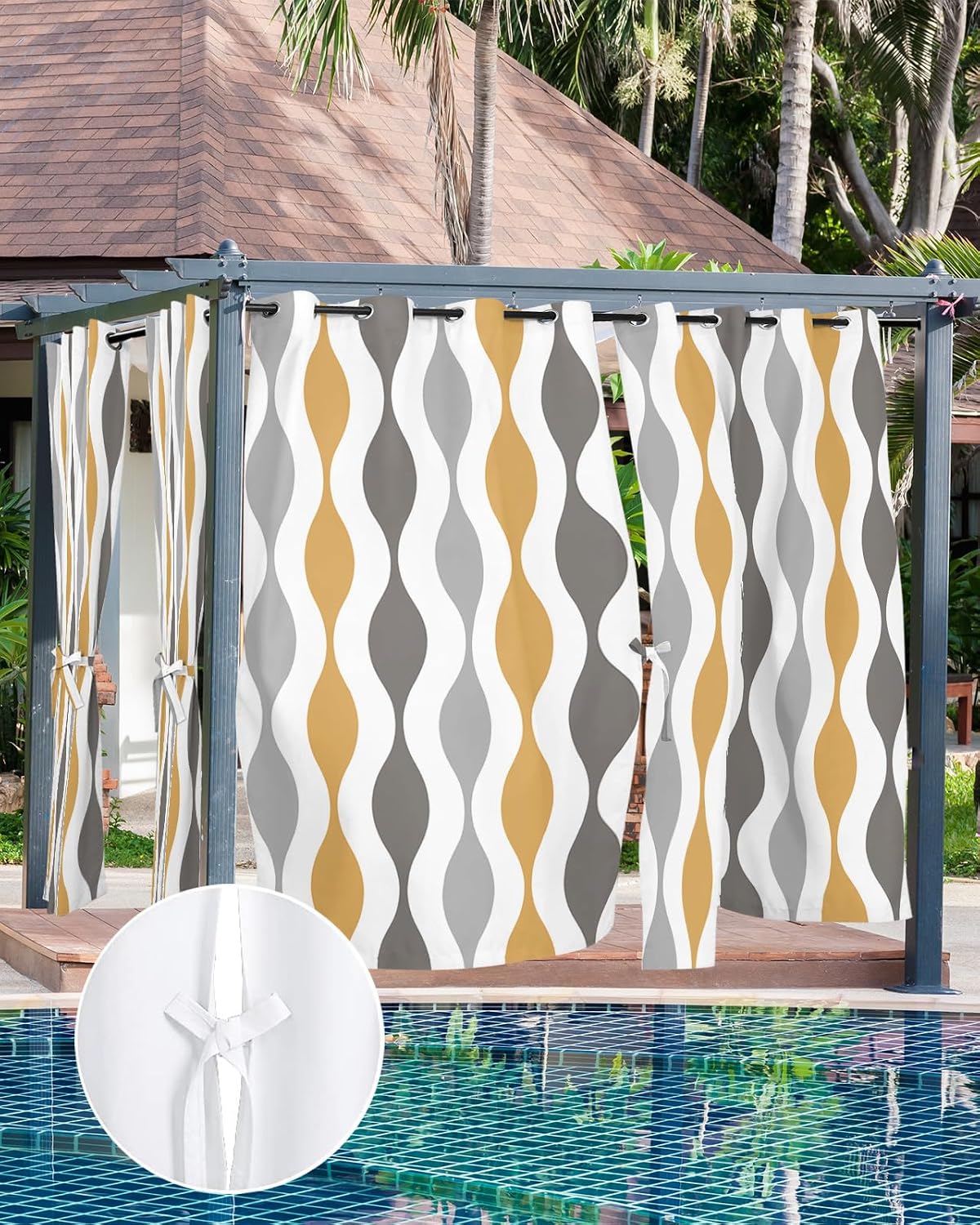 ALAGEO Outdoor Curtains Mid Century Abstract Art Waterproof Curtain for Patio Symmetrical Geometric Yellow Grey Light Filtering Outside Curtains Panels for Patio Gazebo Balcony 54"x95" Set of 2