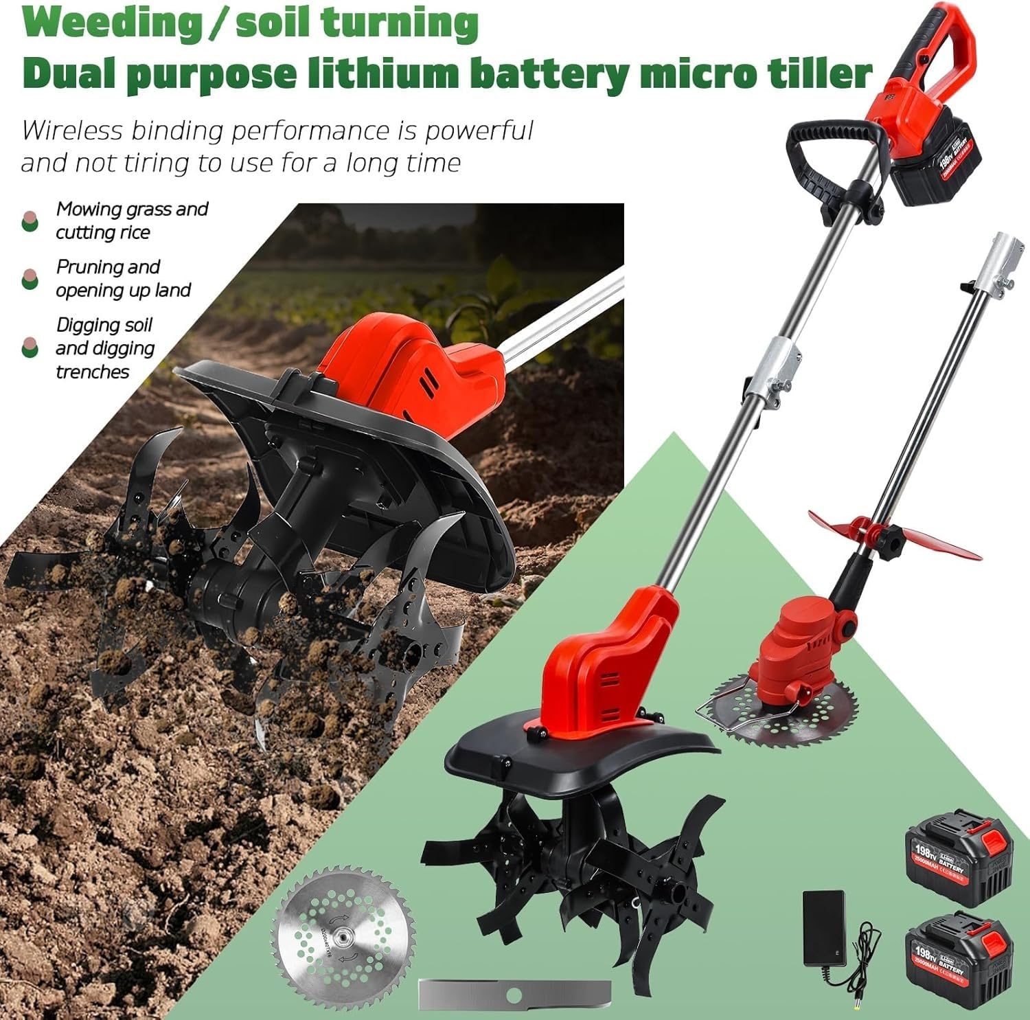Motoazada y Recortadora de jardín eléctrica Multifuncional, cultivadora de Altura Ajustable, batería Recargable, Mango ergonómico for huerto, montaña, huerto.