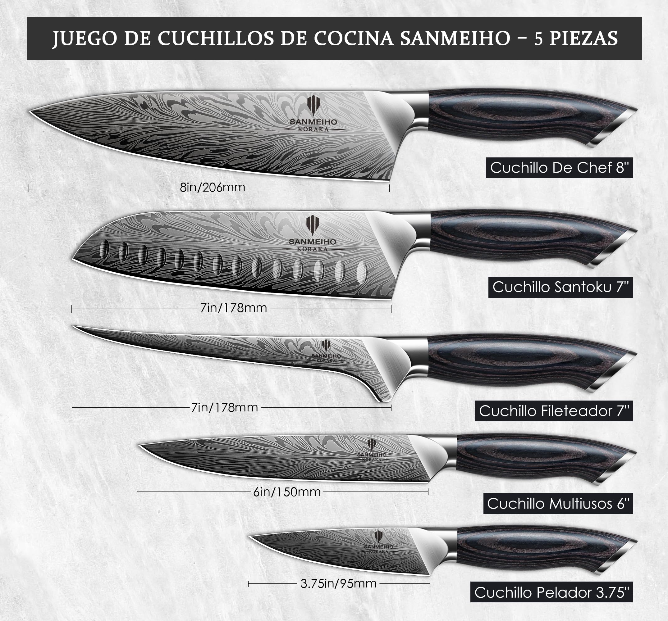 SANMEIHO Juego Cuchillos de Cocina 5 Piezas, Acero en Polvo Japones 63HRC | Set de Cuchillos de Cocina Profesional Ultra Afilados de 12 Grados, Mango de Madera Ergonomico para Carne y Verdura