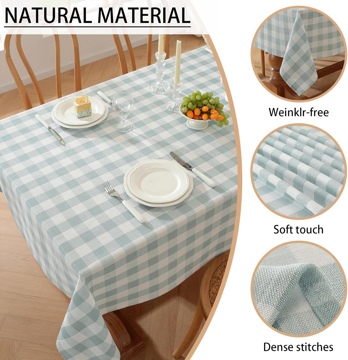 Checkered Tablecloth Rectangle Washable Buffalo Plaid Table Cloth Cotton Linen Gingham Table Cover for Picnic Kitchen Dining Room, Blue Green and White, 55 * 55
