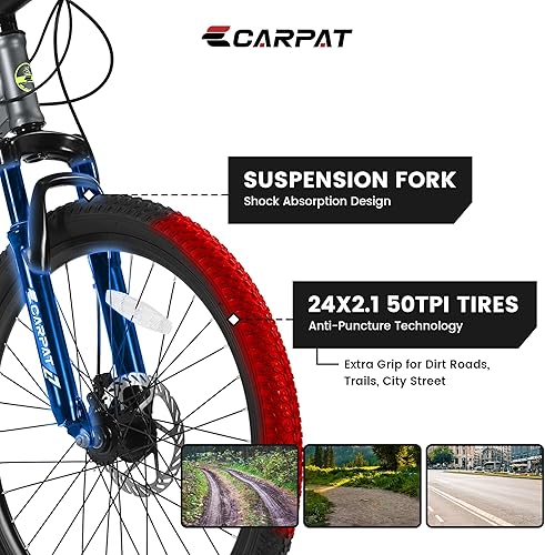 Miniatura 5 de S24102 Bicicleta de montaña de 24 pulgadas para niños y niñas, marco de acero, bicicleta de montaña de 21 velocidades con frenos de disco Daul y