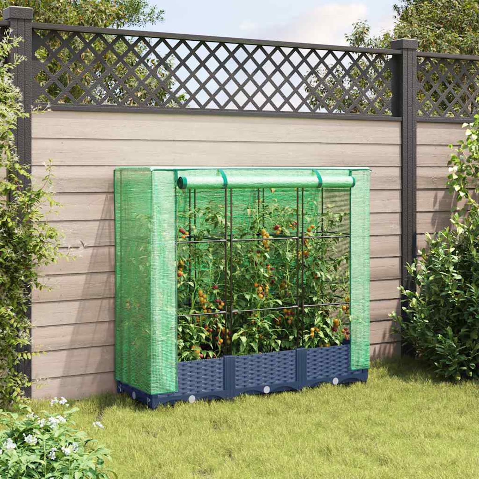 Gecheer Letto rialzato con Serra, Struttura in Ferro e Vasca in Polipropilene 120x40x123 cm Effetto Rattan Verde Grigio Blu, Copertura in polietilene per orto Balcone Giardino Cortile
