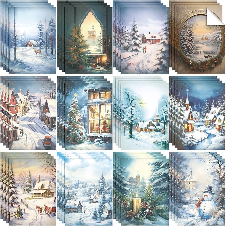 amazon-com-perkoop-48-sheets-vintage-christmas-decoupage-paper-8-3-x-11-7-inches-retro-christmas-winter-paper-decorative-decoupage-supplies-for-crafts-scrapbook-furniture-12-styles-snowy-scene-pictures-cards