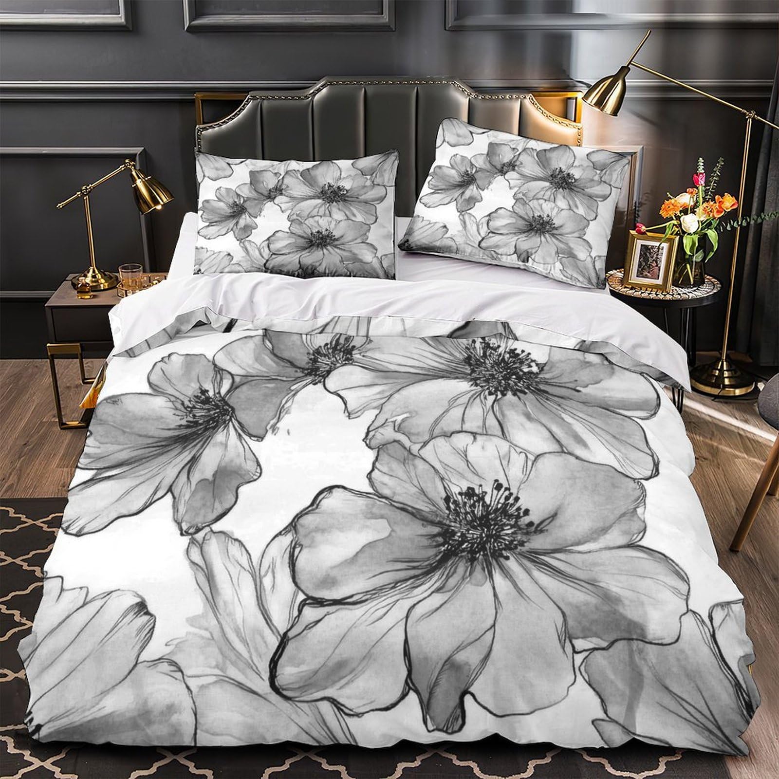 Parure de lit vache fleurie en microfibre 220x240cm avec housse de couette imprimée 3D King