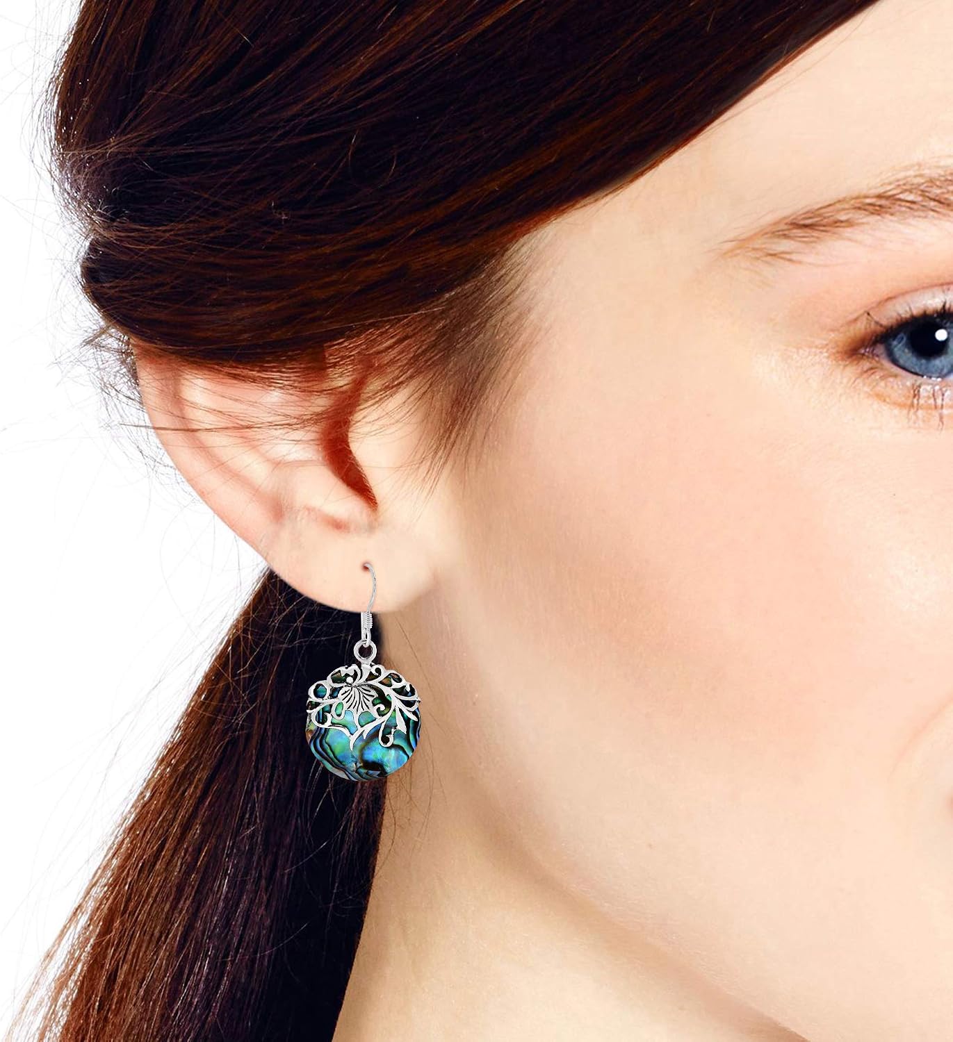 AeraVida Bohemian Stylish Floral Vine Crowned Round Abalone Shell .925 Sterling Silver Dangle Earrings