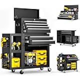 8 Drawers Rolling Tool Chest, Tool Box Detachable Top Metal Tool with Locking System, Protective Mat & Tool Rack, Garage Storage Cart with Side Cabinet, Tool Box for Garage