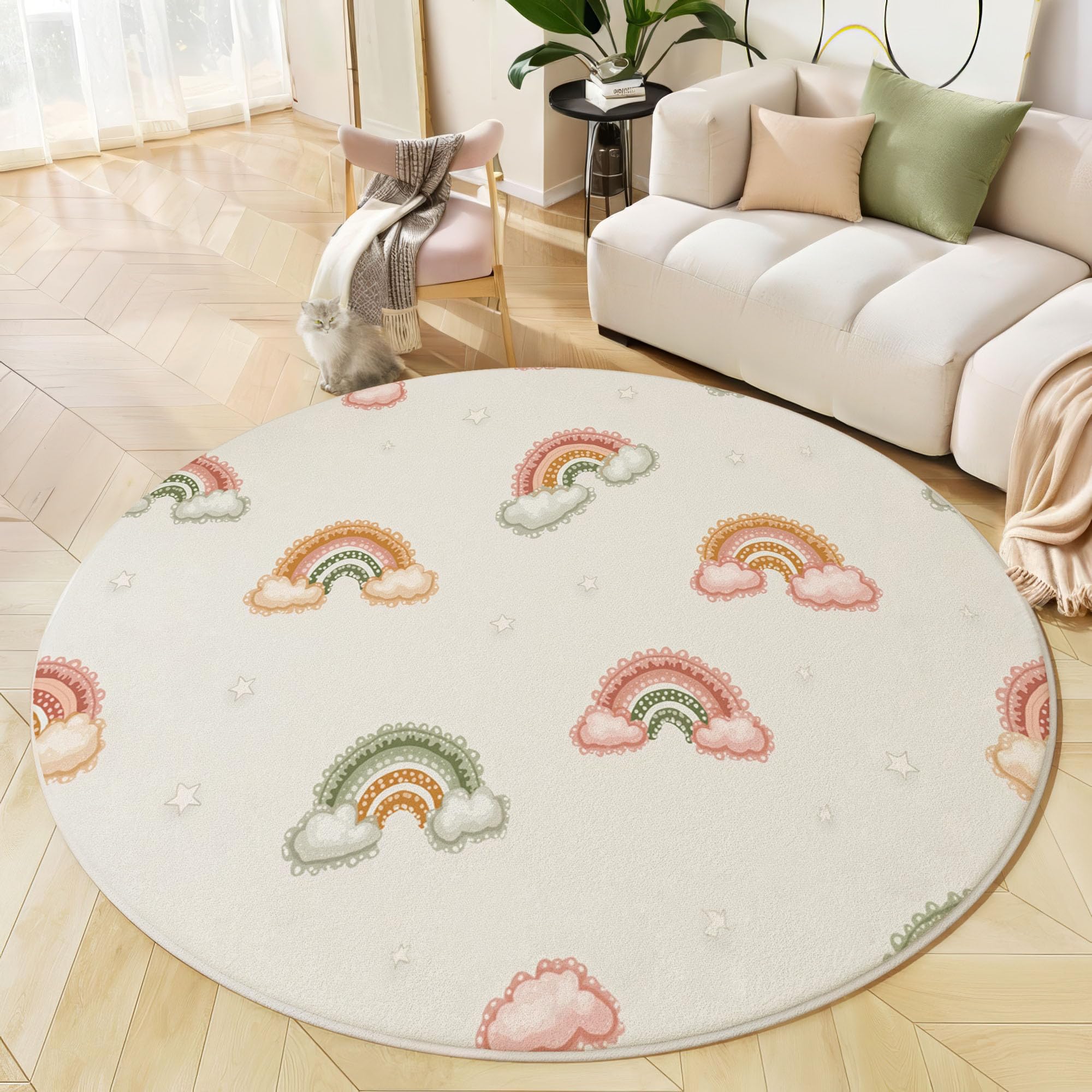 Tapis salon rond crème arc-en-ciel 200 cm lavable et antidérapant