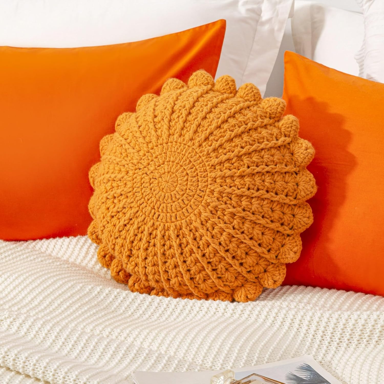 Knitted Throw Pillow Round Couch Pillow Handmade Decorative Plush Pillow Cute Cushion (Burnt Orange, 18inch)