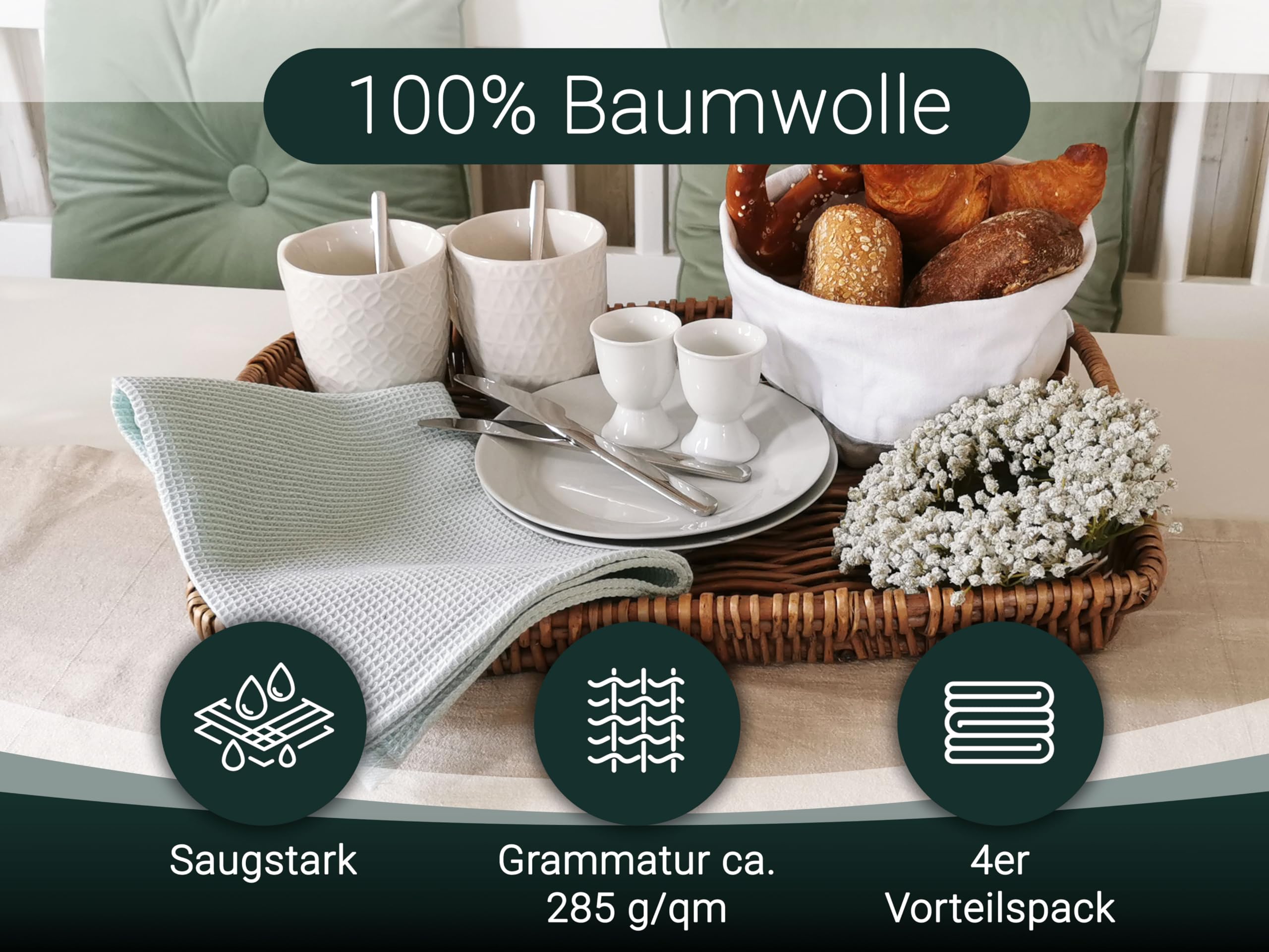 ZOLLNER 4er Set Geschirrtücher Baumwolle in 50x70 cm - saugstarke und langlebige Küchentücher in grün - waschbar bis 60°C – mit Aufhänger - Gastronomiequalität - Oeko Tex® Zertifiziert