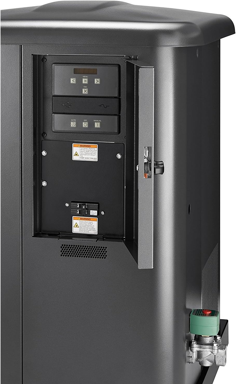 Control panel of the Briggs & Stratton 40451 generator with access door open