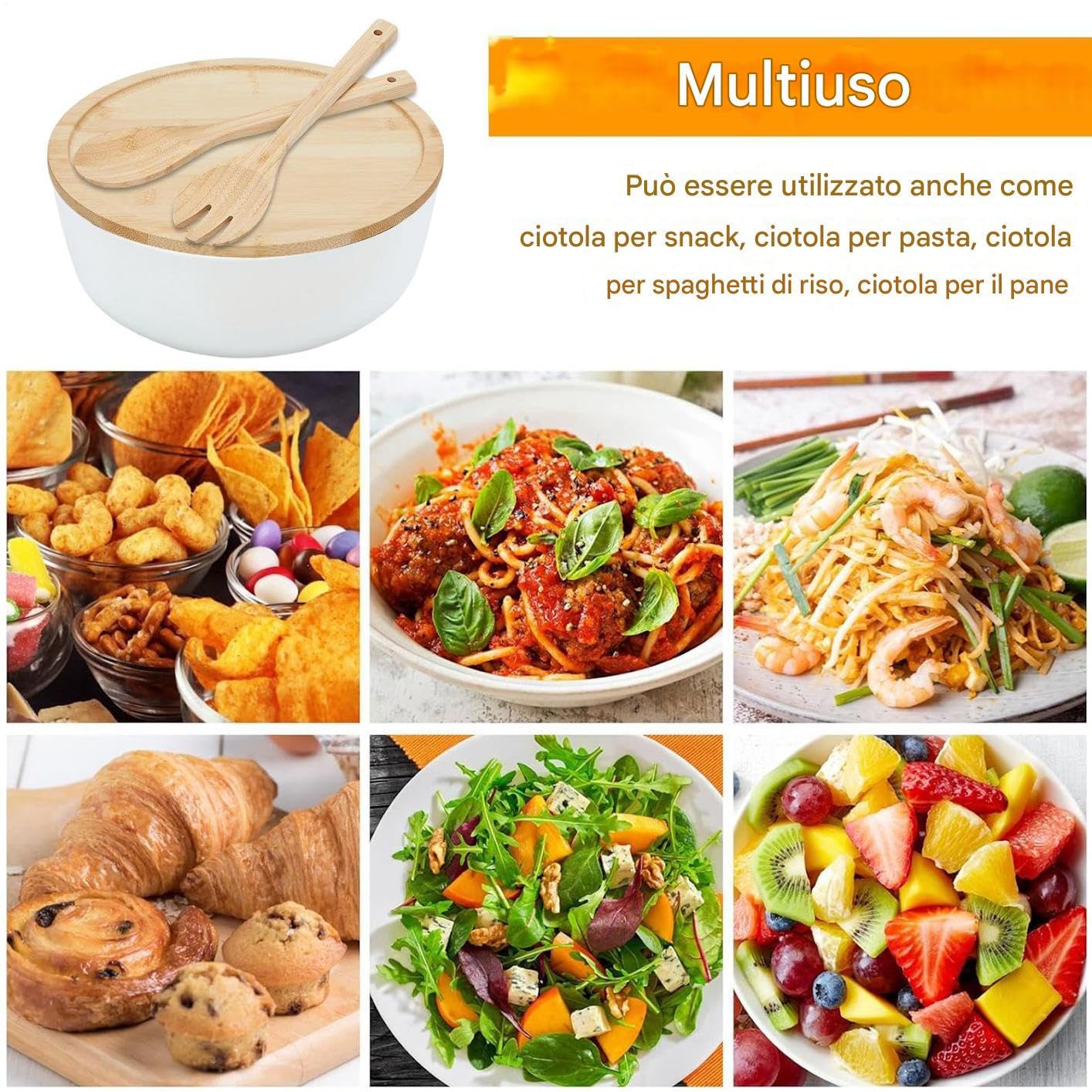 Ensaladera Ensaladeras De Madera Vajilla Cuchara Tenedor | Ensaladera Con Tapa Contenedores Alimentos Snacks Pasta Cereales Fideos Preparación Comidas Almuerzo Cena Camping Hogar