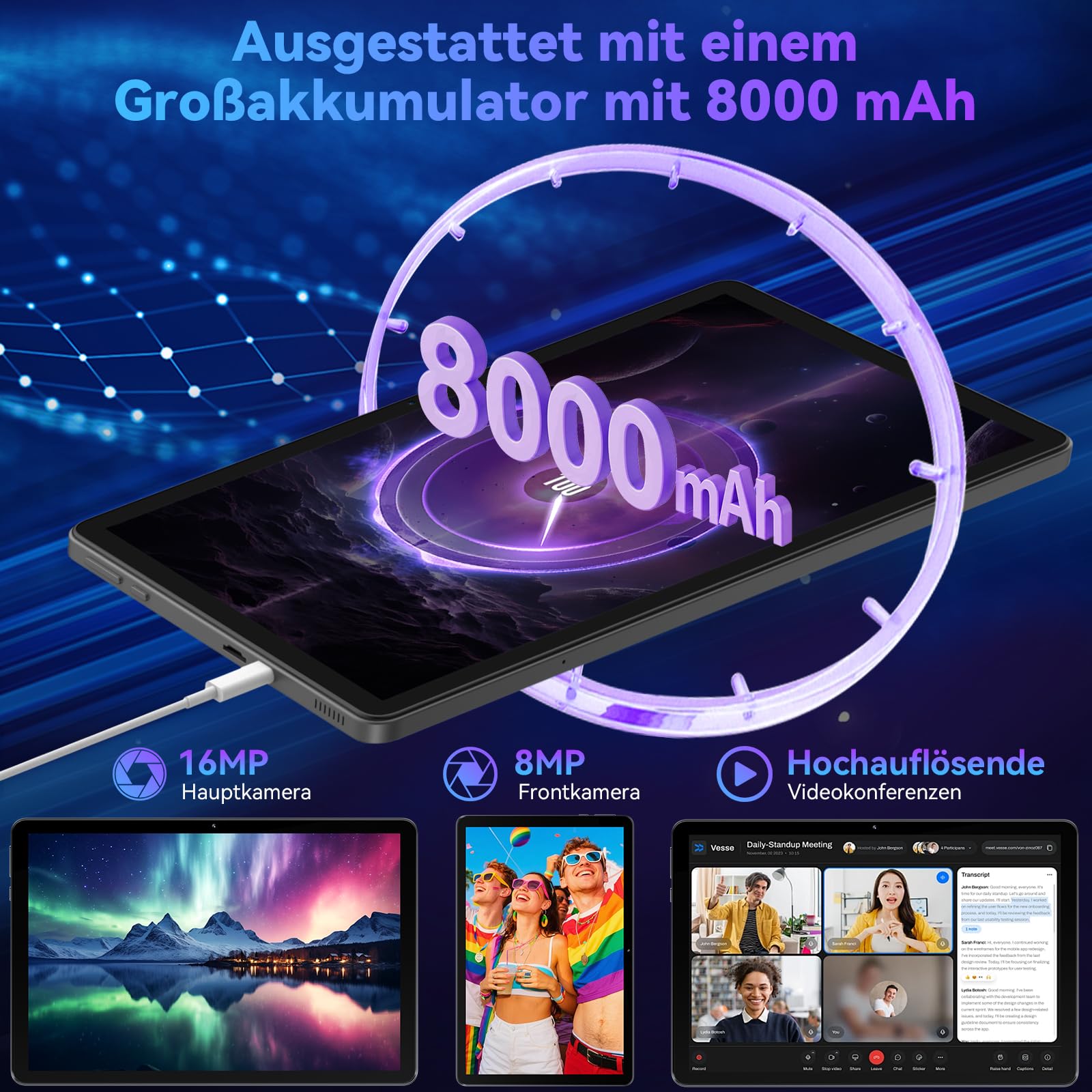 11 Zoll Tablet mit Tastatur｜Android 16 mit Gemini AI｜32GB RAM + 128GB ROM (1TB TF) 1920*1200 FHD 90Hz Display｜ Unisoc T7250 Octa-Core｜8MP+16MP Duale Kamera｜ Face ID｜ Widevine L1｜ 8000mAh｜GPS （Grau)