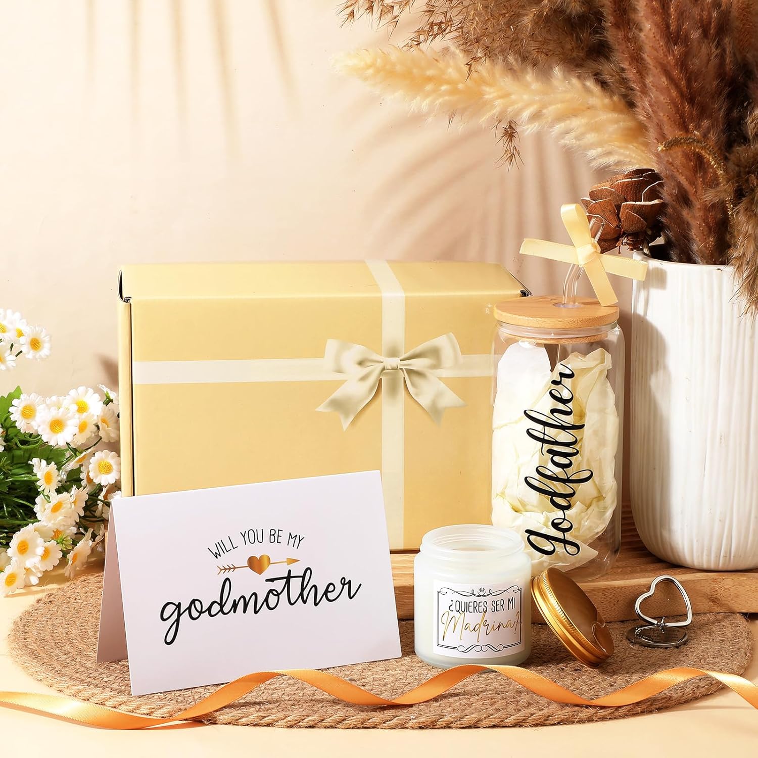 Mimorou 7 Pcs Valentines Godparents Proposal Gift Set Will You Be My Godparents from Godchild Godmother Godfather Gift with Glass Cups Keychains Cards Box for Valentines Birthday Baptism (Champagne) - Image 2