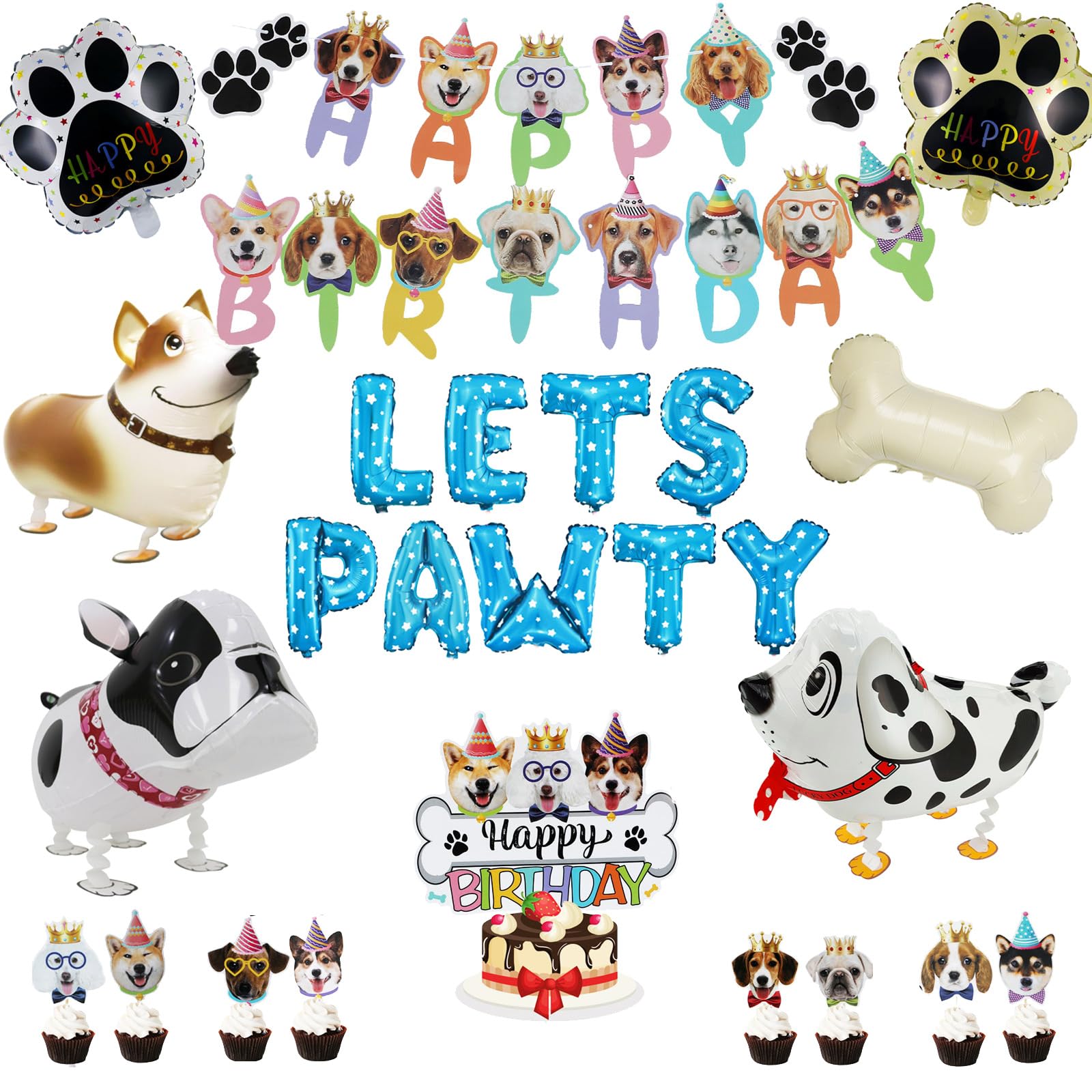 Lets Pawty Dog Birthday Party Decorations Boy Girl, Pawty Puppy Themed Happy Birthday Banner, Dog & Paw Print Balloons, Cake Toppers (Blue)