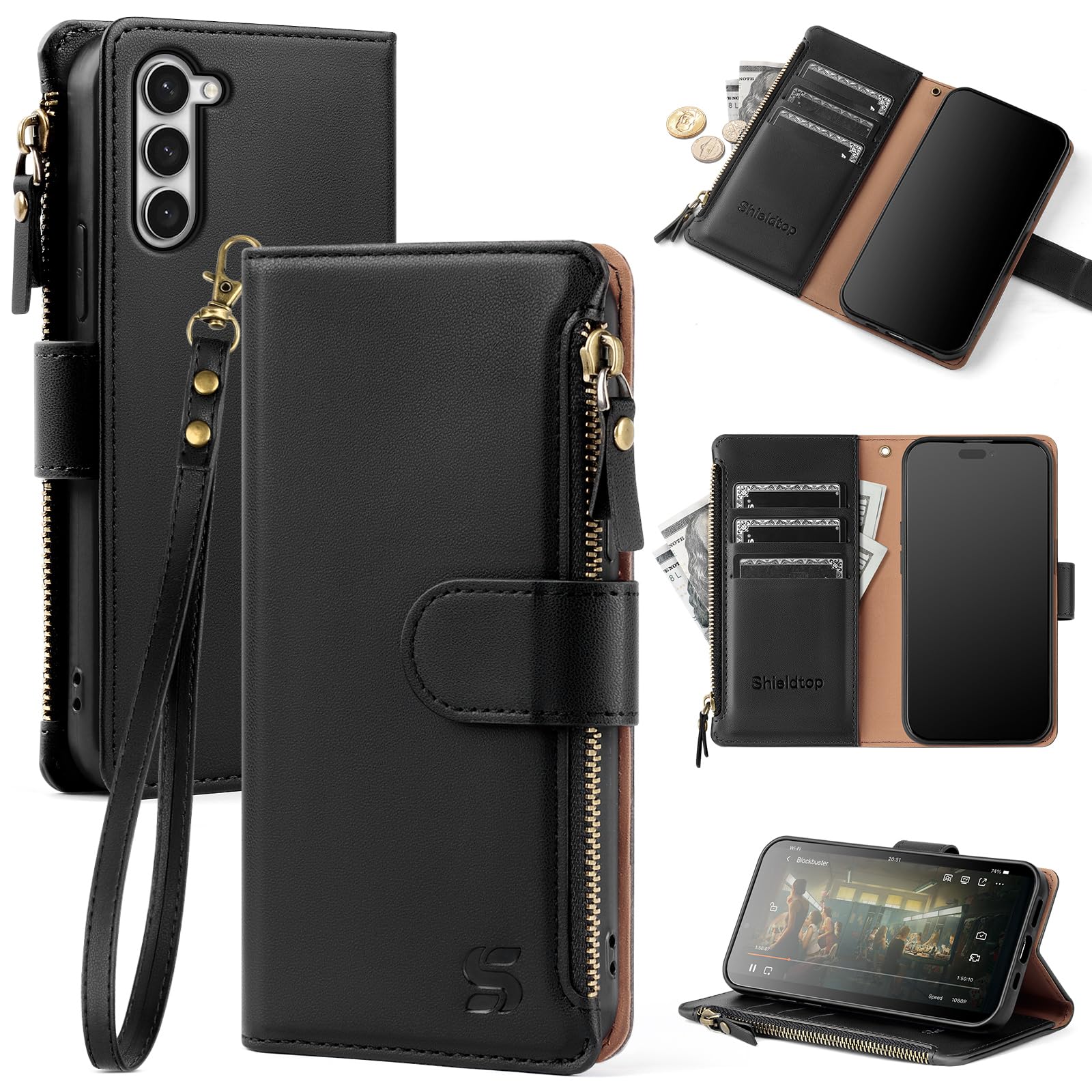 Shieldtop Compatible with Samsung Galaxy S23 5G Wallet Case with Card Holder,Women Men RFID Blocking PU Leather Flip Cover Wrist Strap Zipper Credit