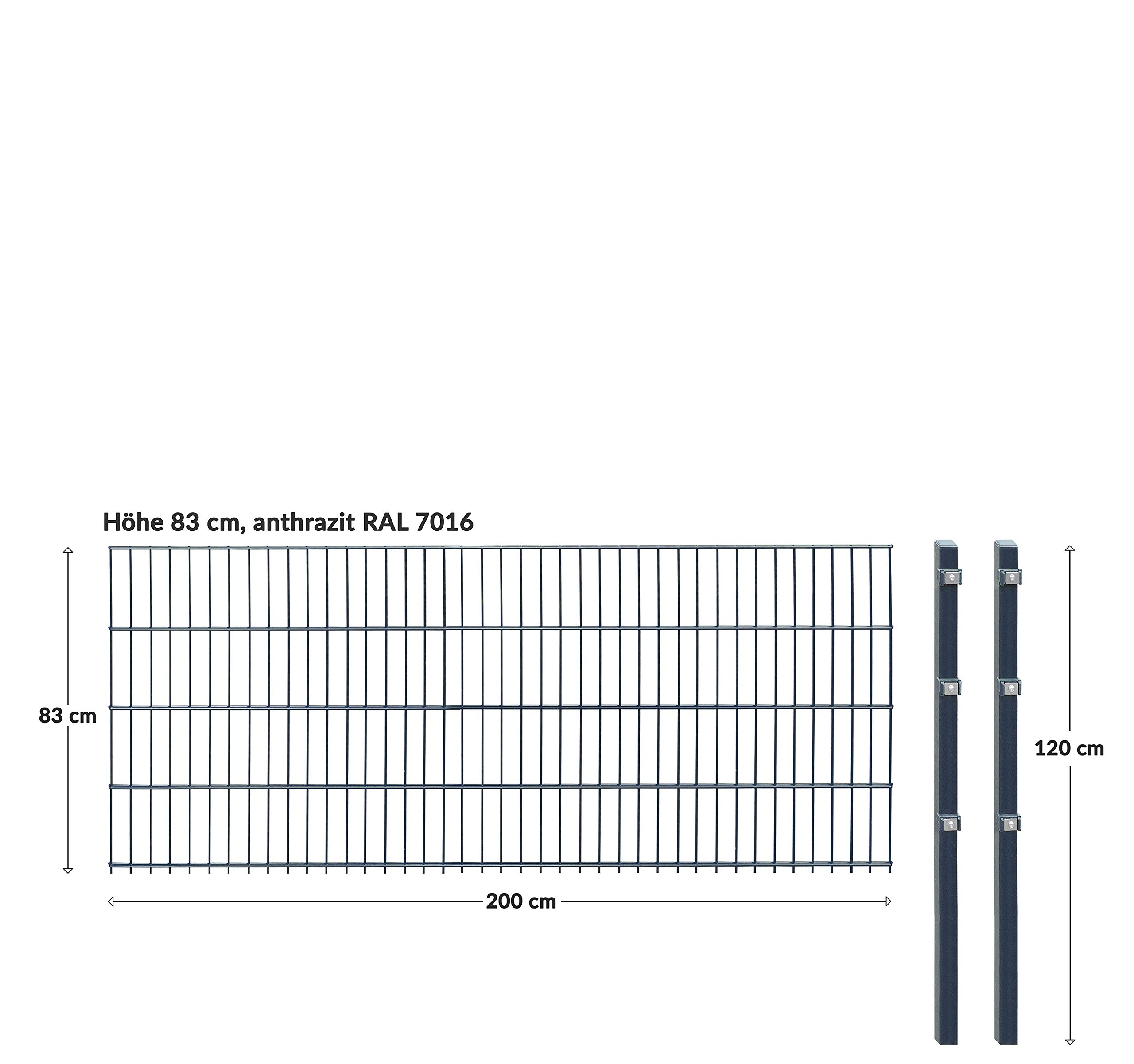Doppelstabmattenzaun - Komplettset inkl. Pfosten und Montagematerial - Verschiedene Längen und Höhen – Grün oder Anthrazit (L 20 m | H 83 cm | Anthrazit)