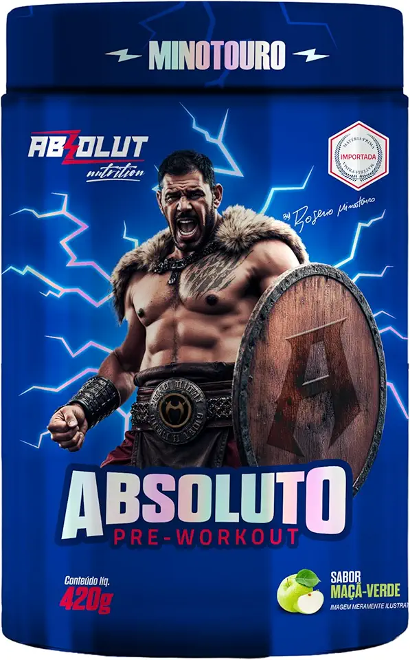 Absolut Nutrition, Pré-treino complementado com Beta-alanina, Arginina, Taurina, e Cafeína, Sabor maçã verde, Absoluto Minotouro, 420 gramas
