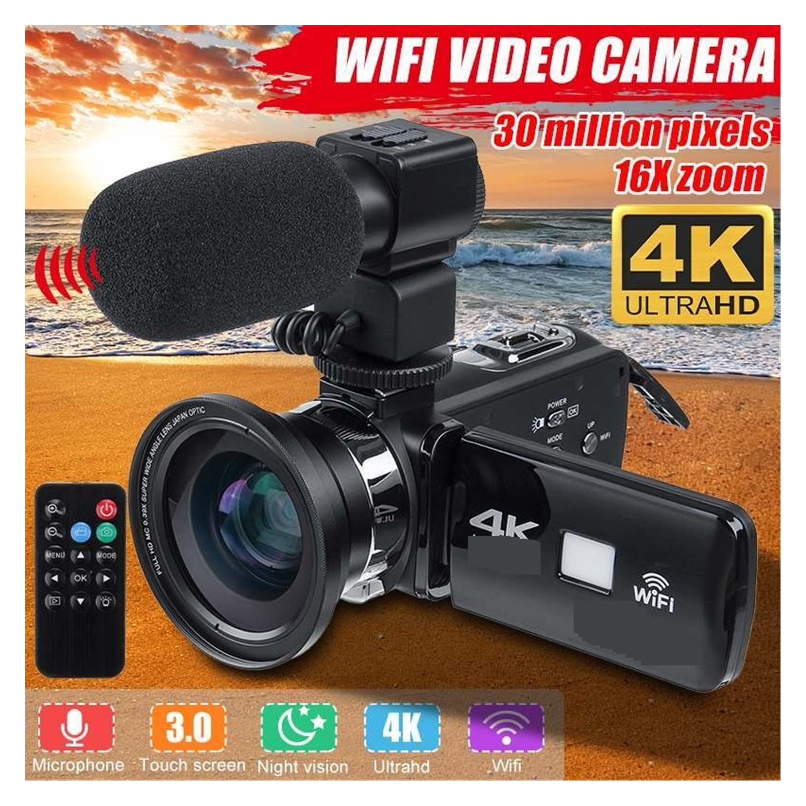 Videocamera, Videocamera 30MP 4K HD Vlog Professionale for Visione Notturna Touch Screen Fotocamera con Zoom Digitale 18X Obiettivo for Microfono Fotocamera per vlogging(Lens)