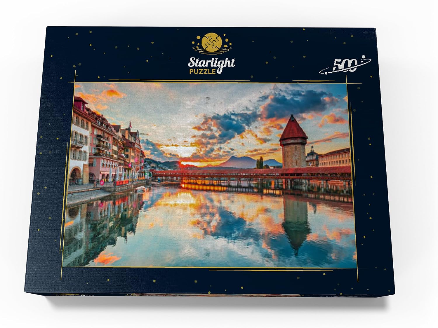 MyPuzzle Sunset in The Historical City Center of Lucerne with The Famous Chapel Bridge and Lake Lucerne, Canton Lucerne, Switzerland - Premium 500 Piece Jigsaw Puzzle for Adults