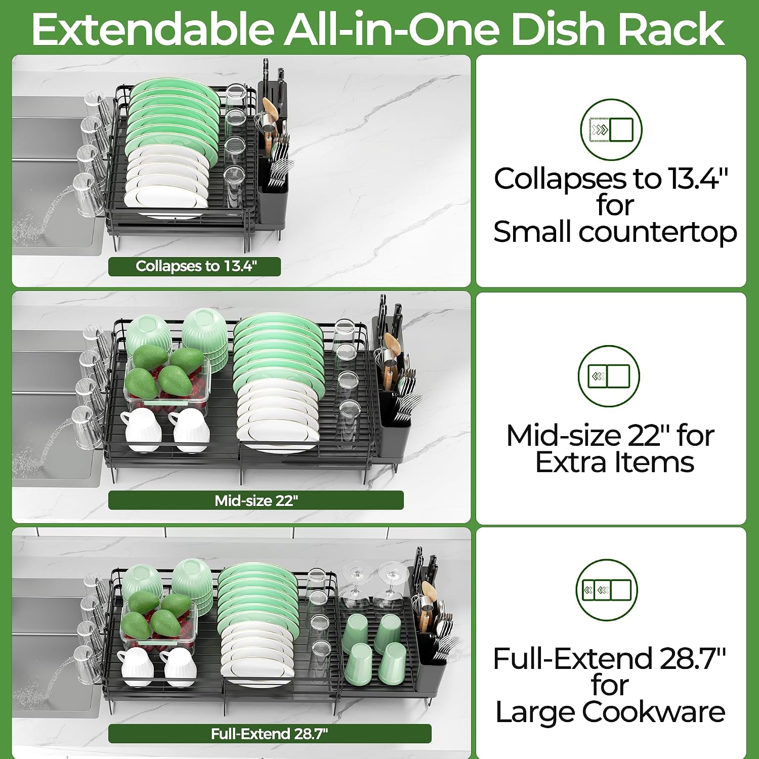 large dish drying rack, expandable dish rack, stainless steel dish racks for kitchen counter, multifunctional dish drainer with utensil & cup holder, 13.4"-28.7" l x 11.8" w, black black 1 tier