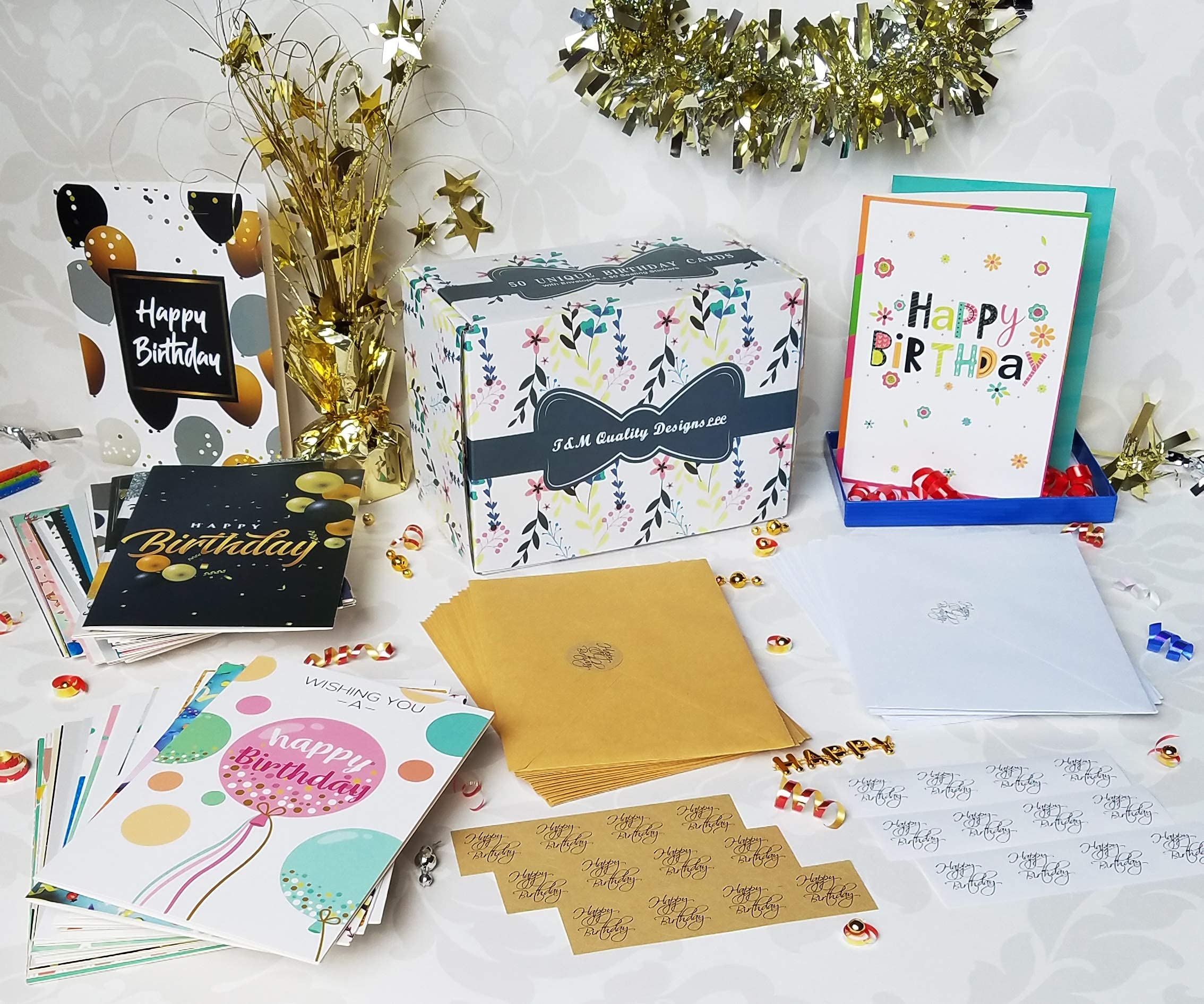 T&M Quality Designs LLC Wyjątkowy asortyment kartek urodzinowych, 50 sztuk, 25 białych i 25 brązowych kopert i naklejek, duże notatki, 13 x 18 cm, wielopak, puste wewnątrz, dla mężczyzn i kobiet