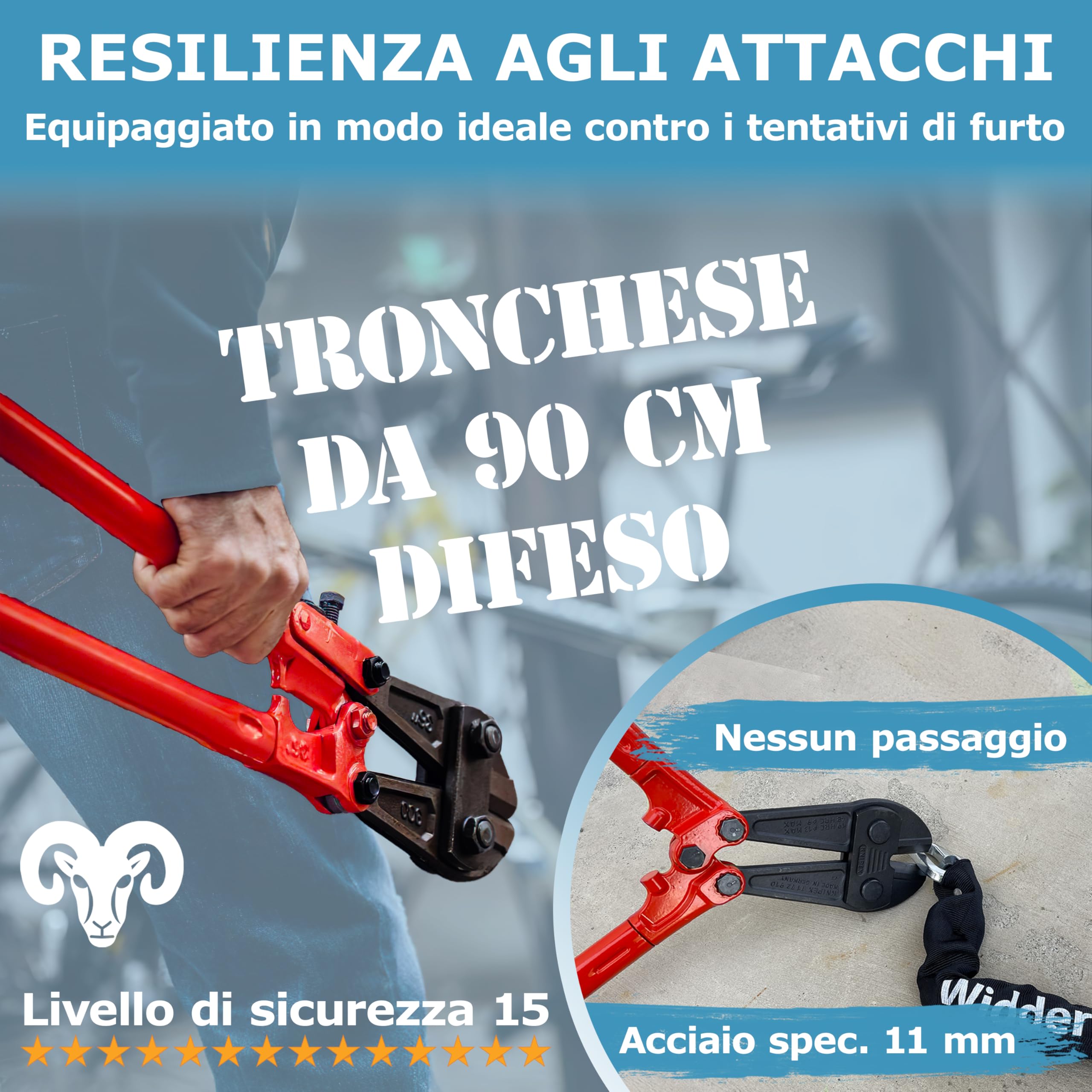 Widder Acciaio-Titanio [Livello 15] Catena antifurto con 4 chiavi 115cm lungo & 11mm massiccio - per Moto Motorino e-Bike Bicicletta e-Scooter Scooter Lucchetto - Antifurti moto & bici alta sicurezza