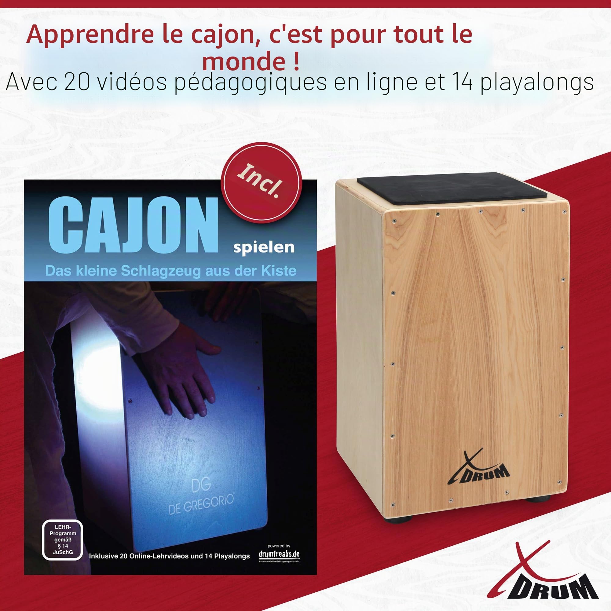 XDrum Cajon Primero Naturel incl. école de cajon et sac, Corps: tilleul | Surface de frappe: tilleul, Face avant vissée, Construction afro-péruvienne, Trou de son à l’arrière, Poids: 3, 9 kg