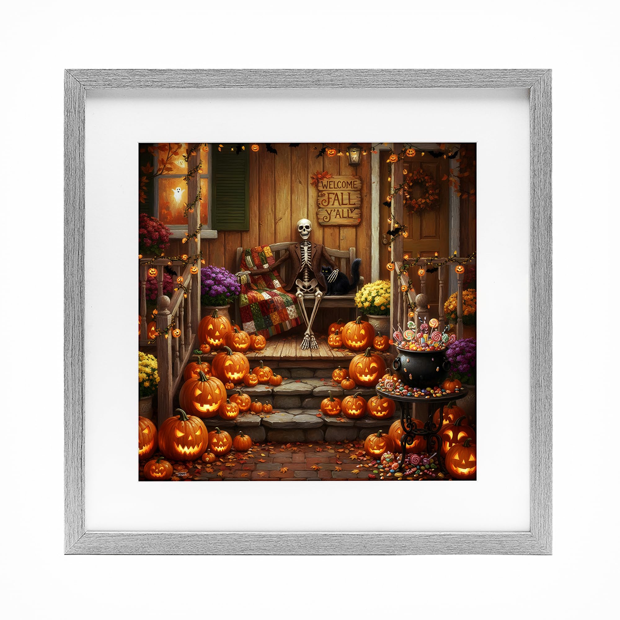 Stupell Industries 'Welcome To Fall Skeleton Porch', Framed Print Under Glass, Gray, 13 x 13 Inches, Easy to Hang and Sturdy, Made in USA, by Tabz Jones