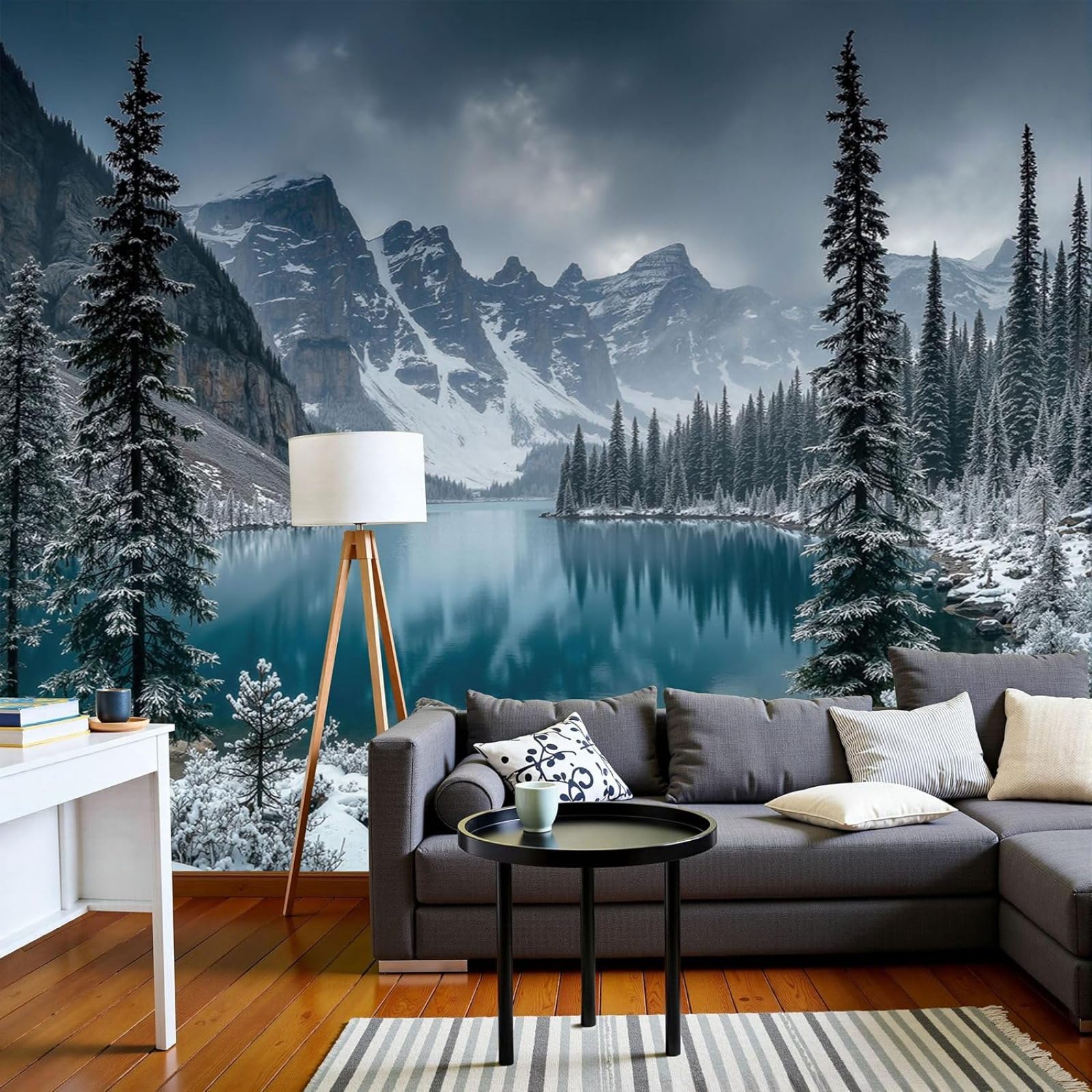 Non-woven photo wallpaper, nature, pine trees, snow - XXL majestic peak motif wallpaper, 3D effect wall decoration for bedroom, living room, grey, 400cm x 280cm, stickers - frameless painting - poster