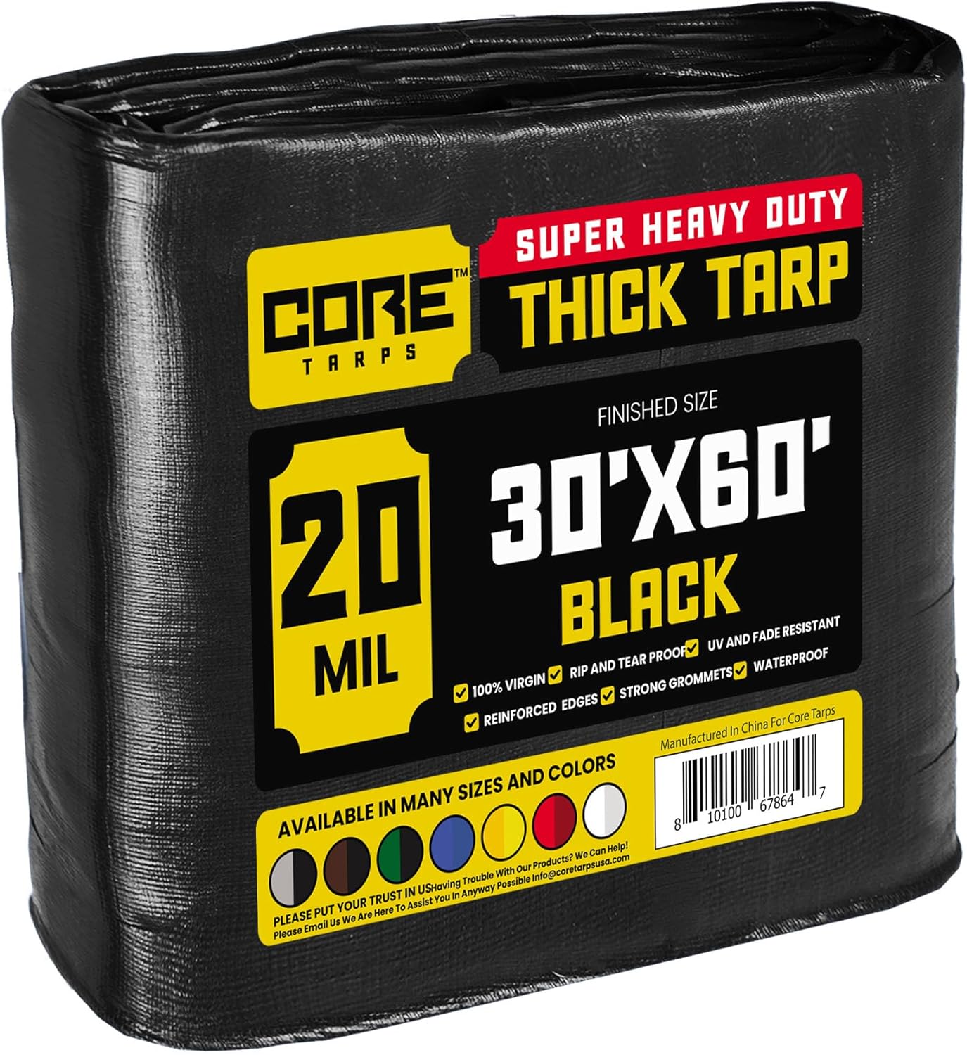 Core Tarps Extreme Heavy Duty 20 Mil Tarp Cover, Waterproof, UV Resistant, Rip and Tear Proof, Poly Tarpaulin with Reinforced Edges for Roof, Camping, Patio, Pool, Boat (Black 30 X 60)