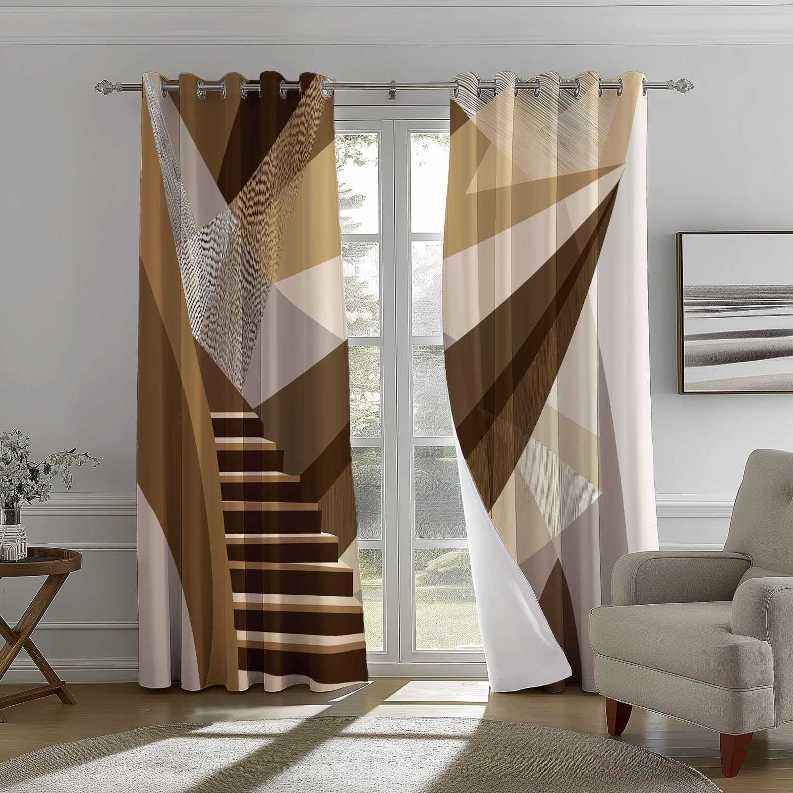 DécorationGéométrie Abstraite Escaliers, Rideaux Longs140L X 260H cm (2 Panneaux), Tissu Occultant Gris Clair pour Baie VitréeBrun