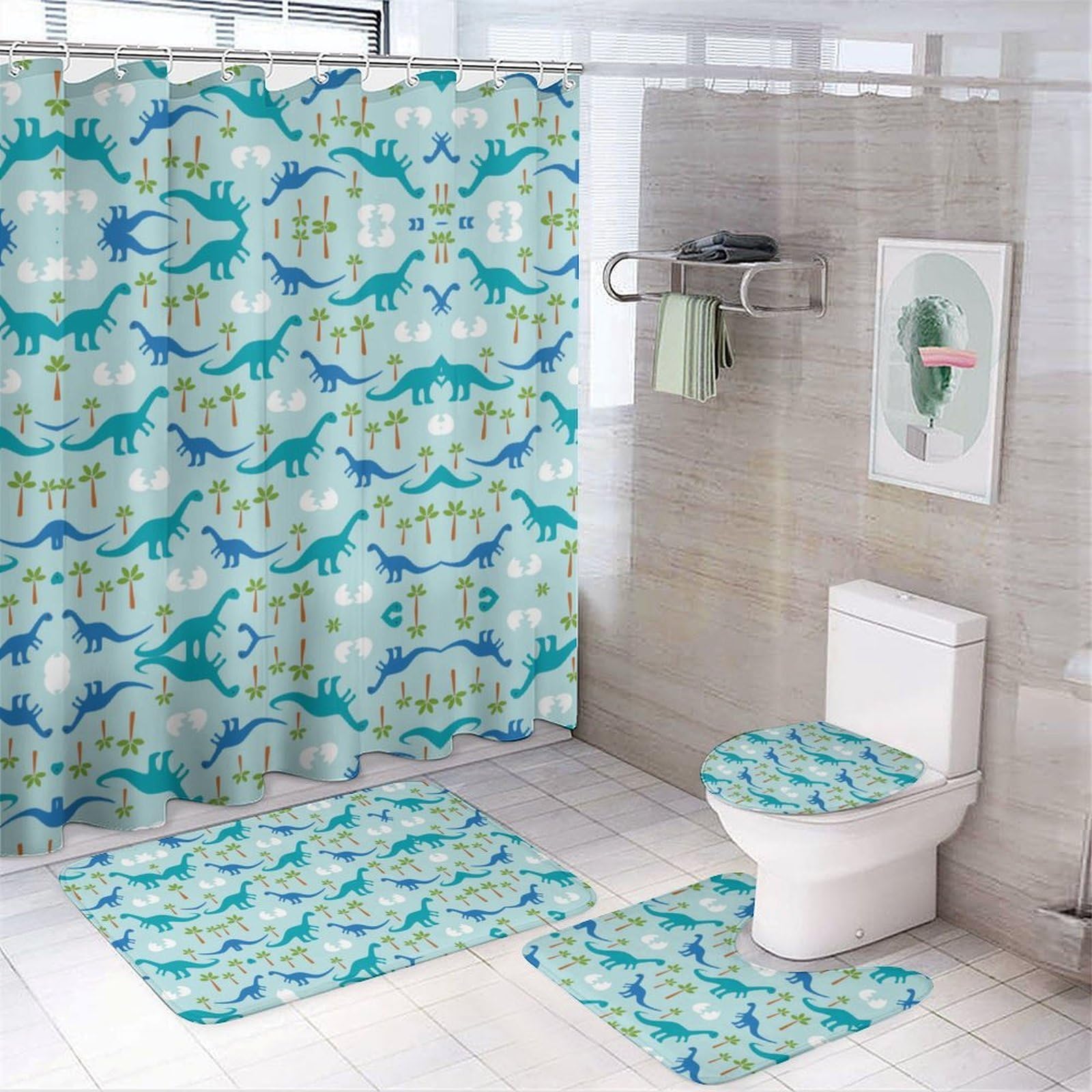 JZemdybill Bathroom Mat Set 4 Piece, Cute Anime Dinosaurs Shower Curtain with Non-Slip Bath Mats for Bathroom