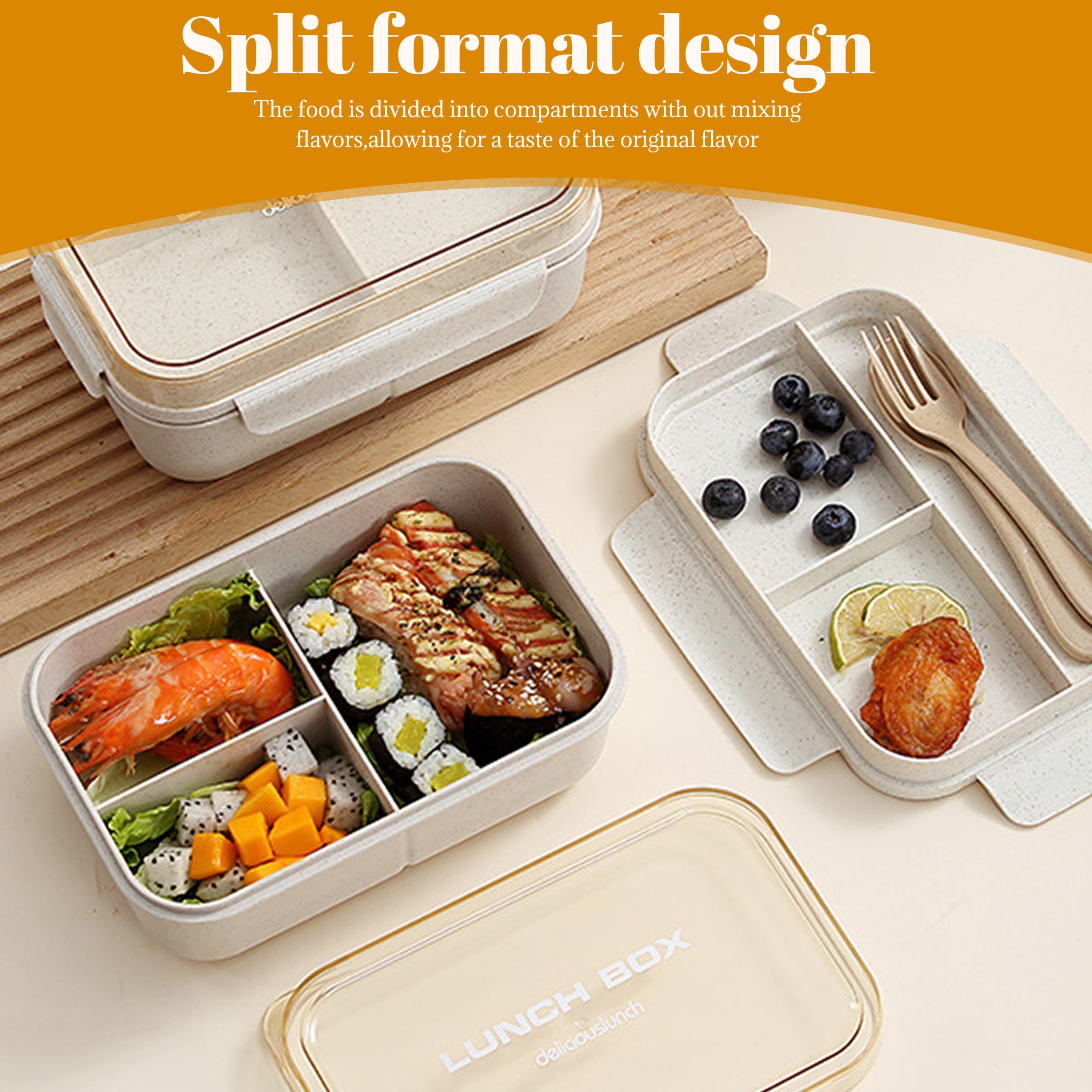 vitutech Lunchbox voor kinderen, met 3 vakken en bestek, geschikt voor magnetron en vaatwasser, school, werk, picknick, reizen, geen vreemde geur (kaki