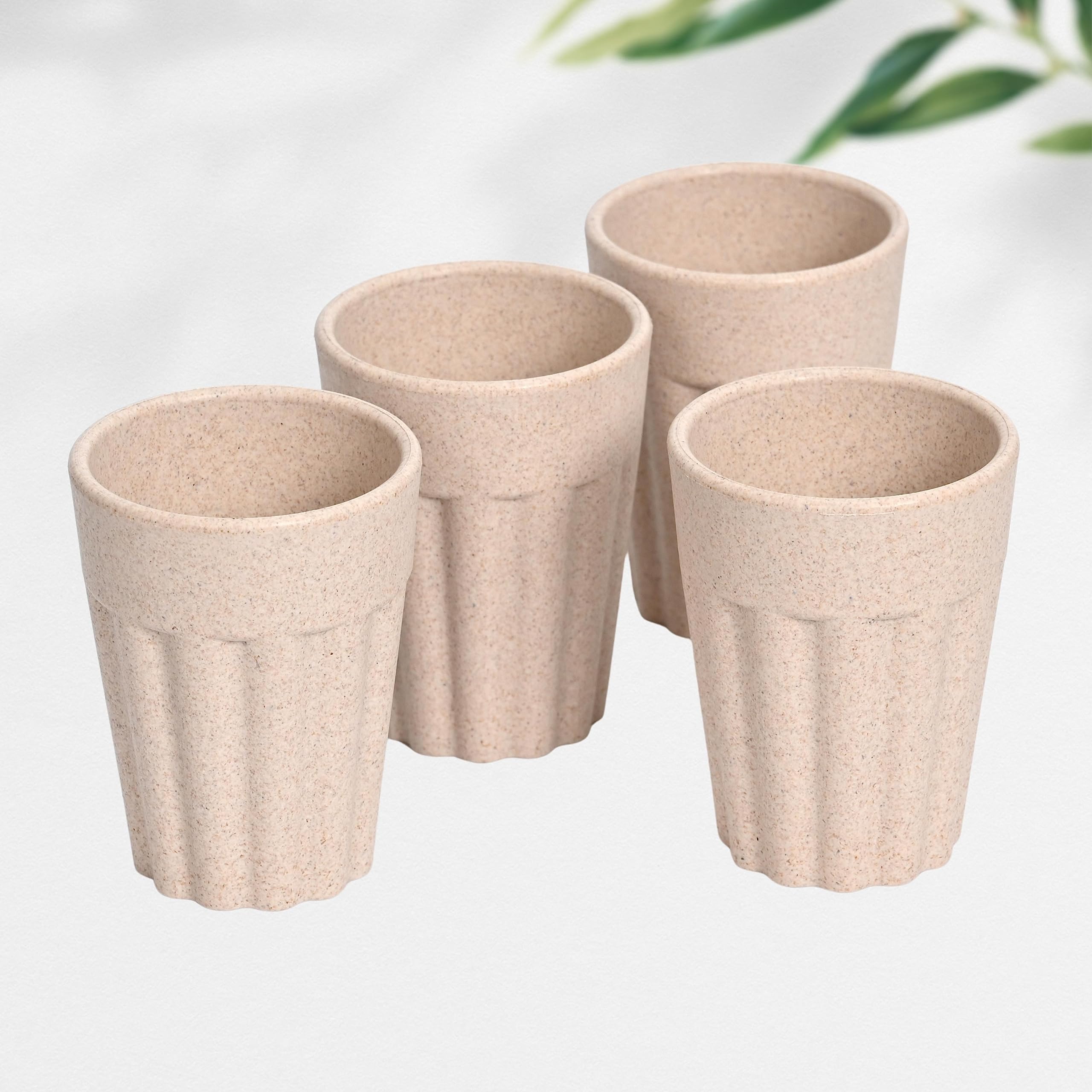 eha Set of 4 Earth-Friendly Cutting Chai Cups | 100 ml | Coffee Cup made with Rice Husk & Bamboo Fibers | Microwave Safe Tea Set |Hot & Cold Coffee Mug, Milk & Tea Cup Set | Sand Castle